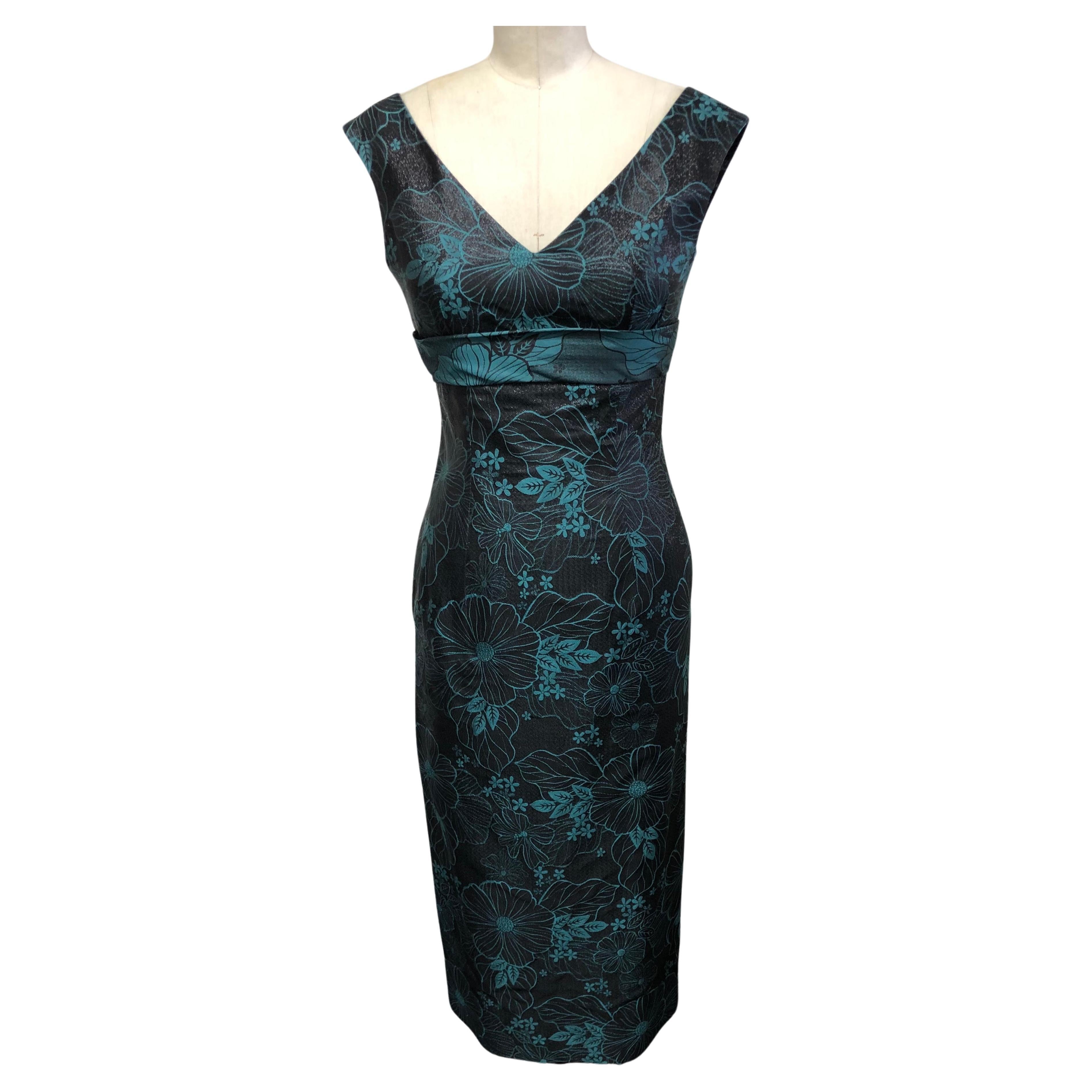 Shimmery Black and Turquoise V NecK Slim Dress with Back Bow For Sale