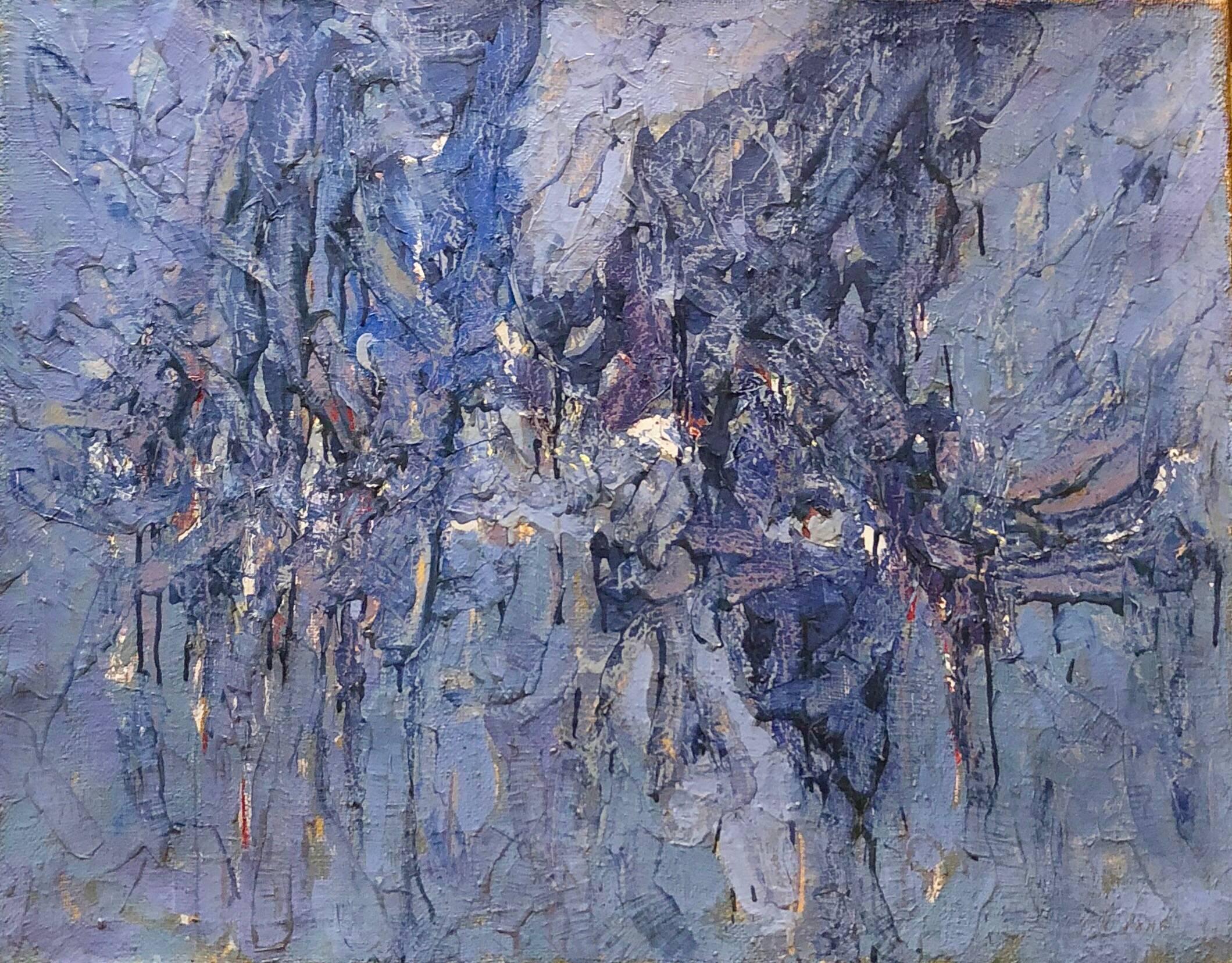 Abstract Painting Shimon Avny - Paysage expressionniste abstrait israélien, peinture à l'huile moderniste, bleu lunatique