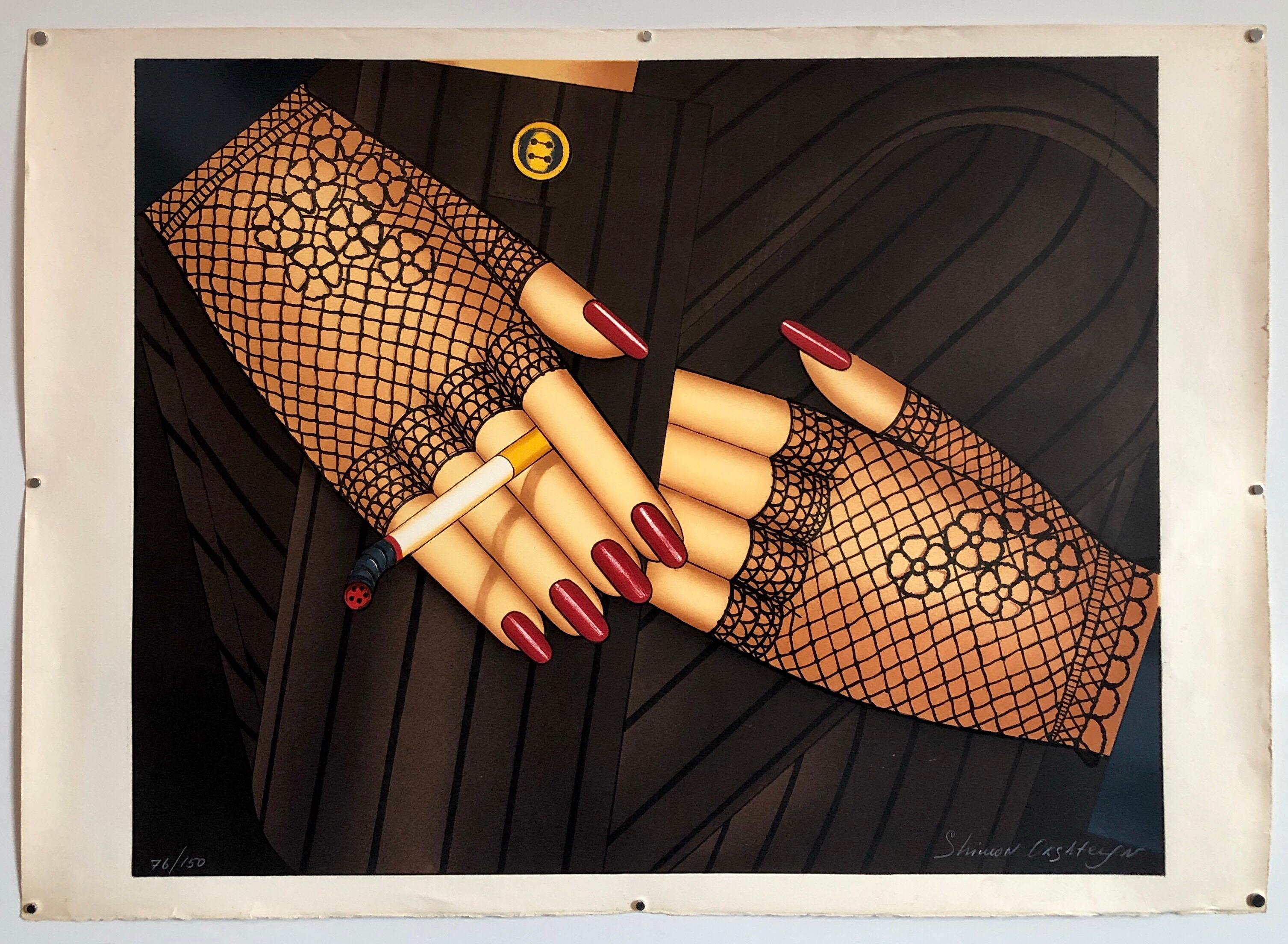 Russian Pop Art Silkscreen Smoking Crossed Hands Mains Croisees Serigraph - Black Figurative Print by Shimon Okshteyn