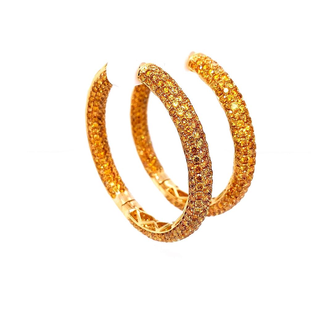 Contemporary Shimon's Creations / 18K Yellow Gold / Pave Diamond / Hoop Earrings with 12.52ct