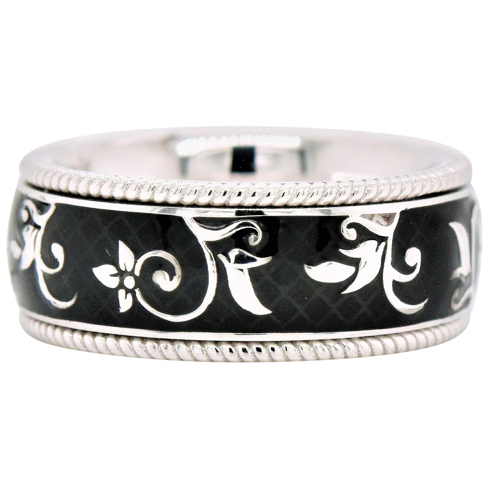 Shimon
s Creations Flower Pattern Enamel Black Band in 18 Karat White Gold