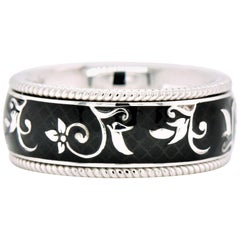 Shimon
s Creations Flower Pattern Enamel Black Band in 18 Karat White Gold