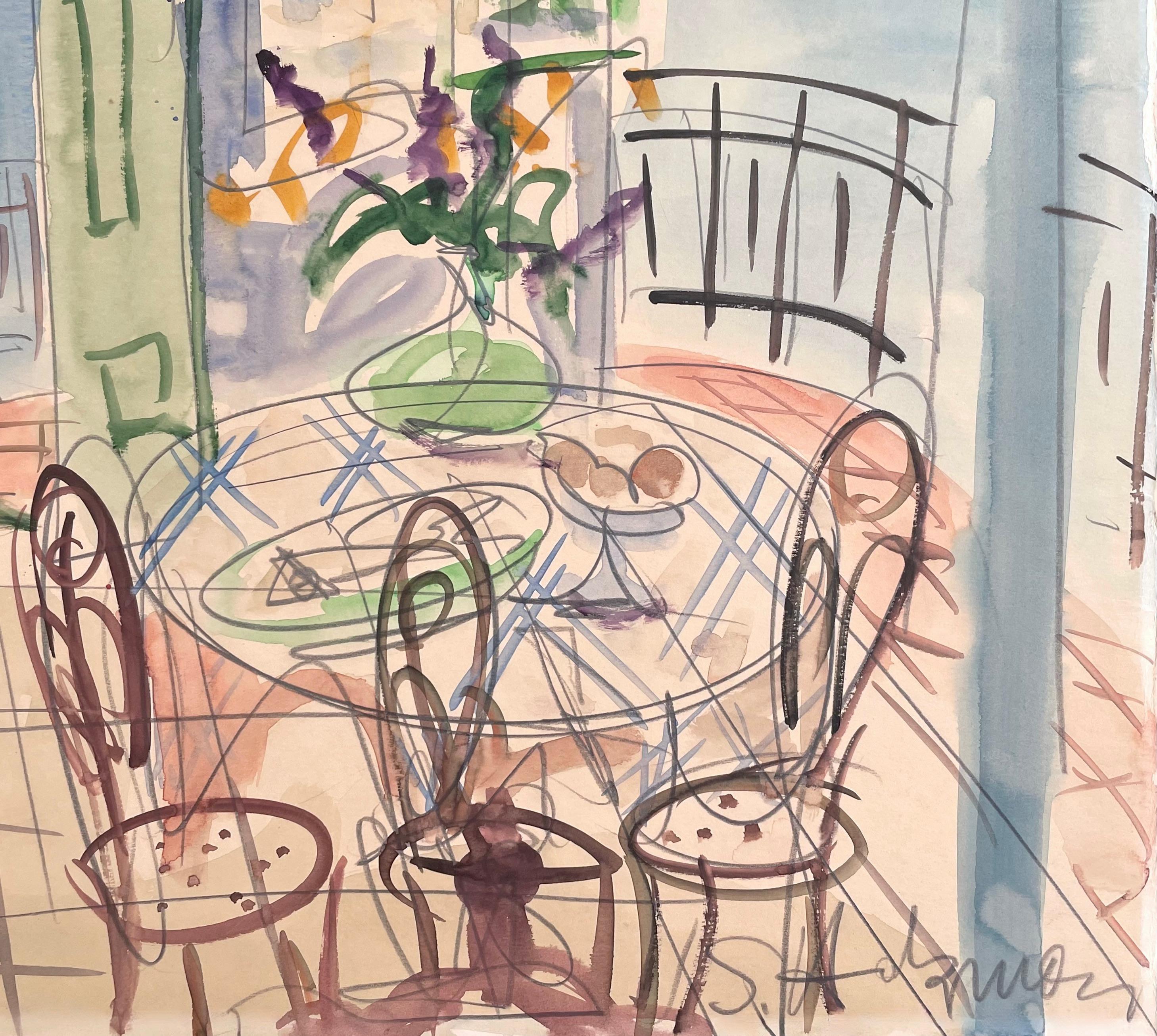 Artist: Shimshon Holzman (1907-1986)
Title: Untitled (Cafe Interior)
Year: 1962
Medium: Watercolor and graphite on wove paper
Size: 27.75 x 19.75 inches
Condition: Excellent
Inscription: Signed and dated by the artist

SHIMSHON HOLZMAN (1907–1986)