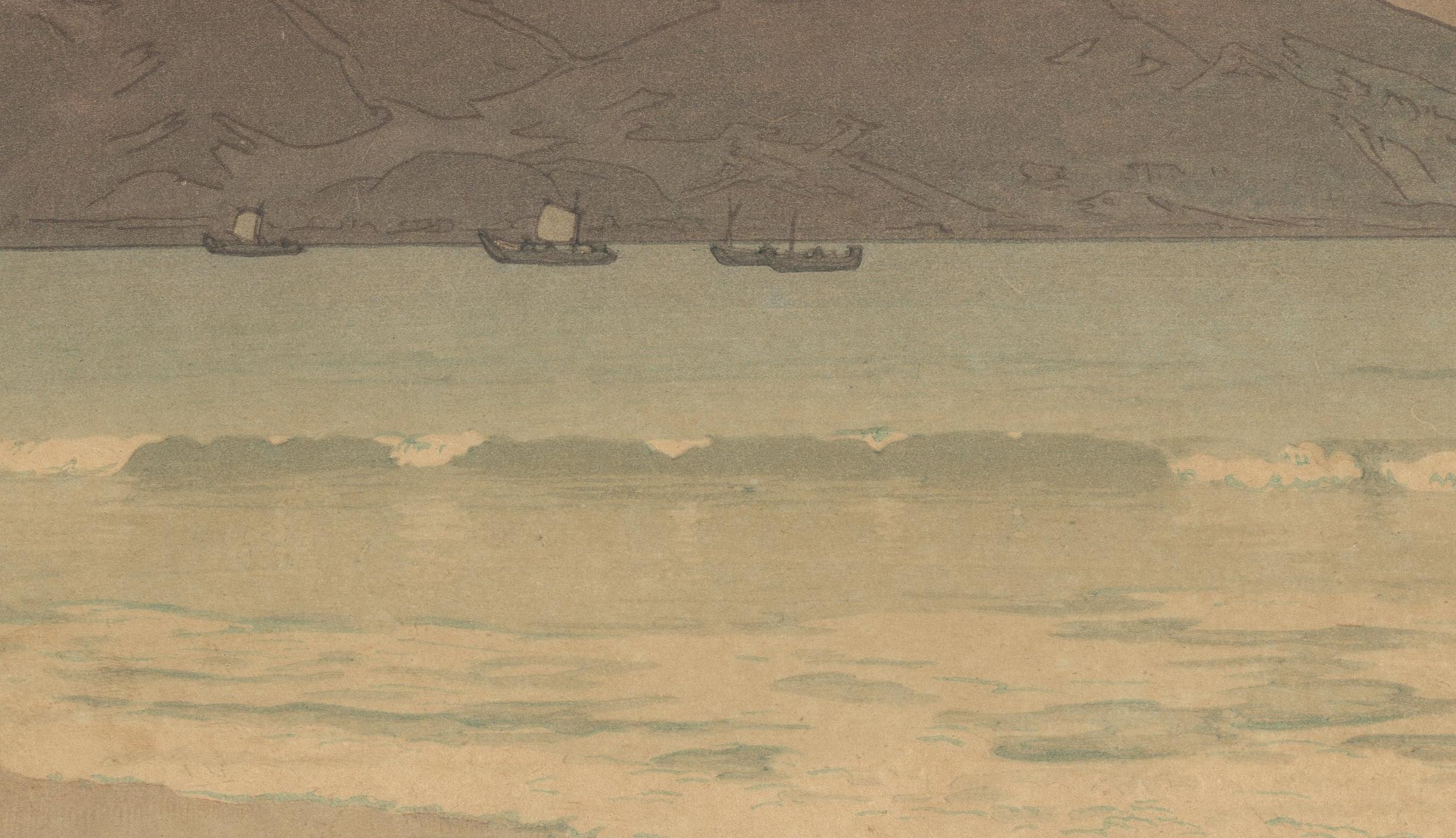 Hand-Crafted Shin Hanga, Original Japanese Woodblock Print, Hiroshi Yoshida, Fuji, Ocean