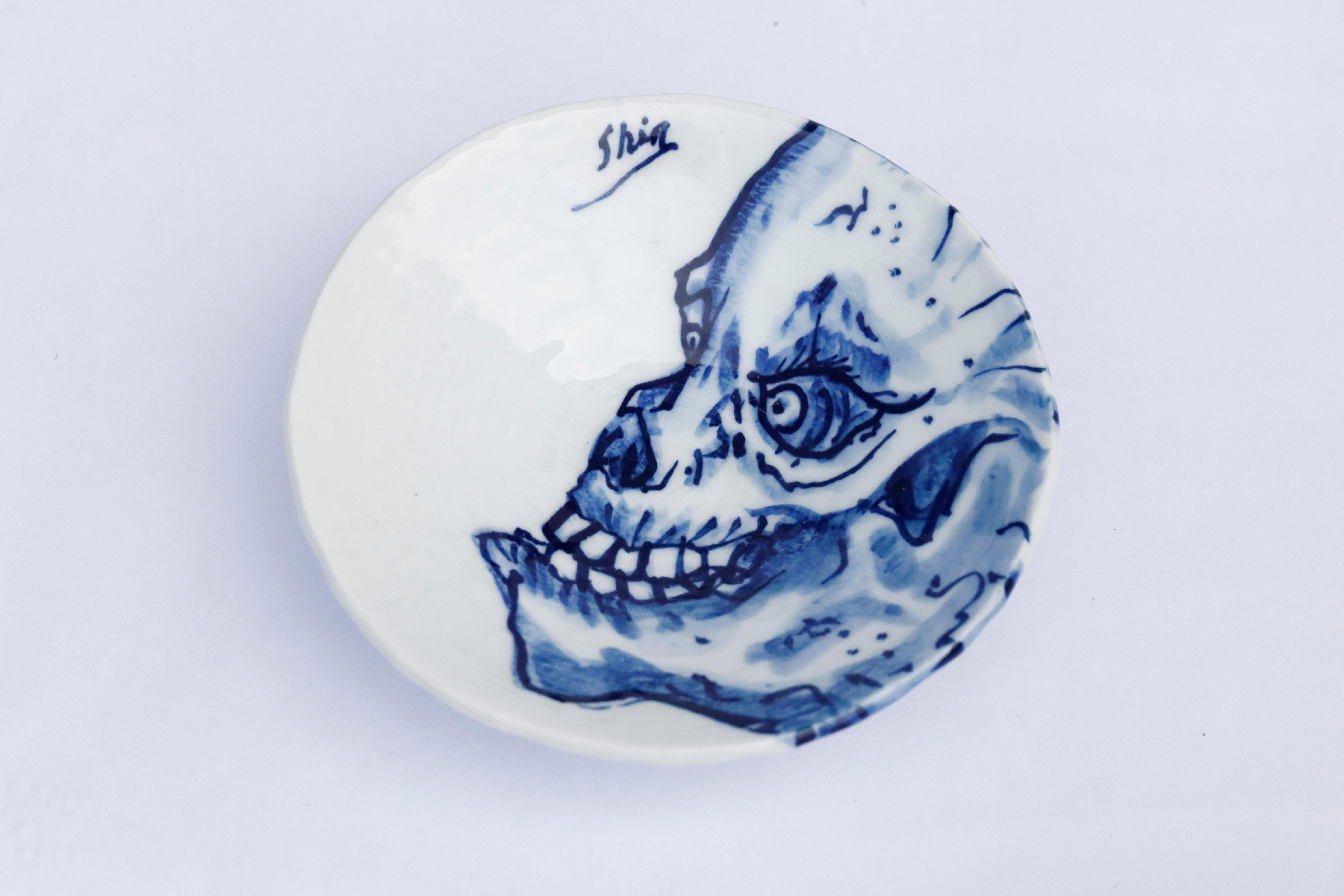Hand painted blue and white Japanese Arita porcelain decorative plate, Skull Eye - Sculpture by Shin Koyama