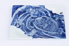 Hand painted blue & white Japanese porcelain decorative plate, Napoleon Fish
