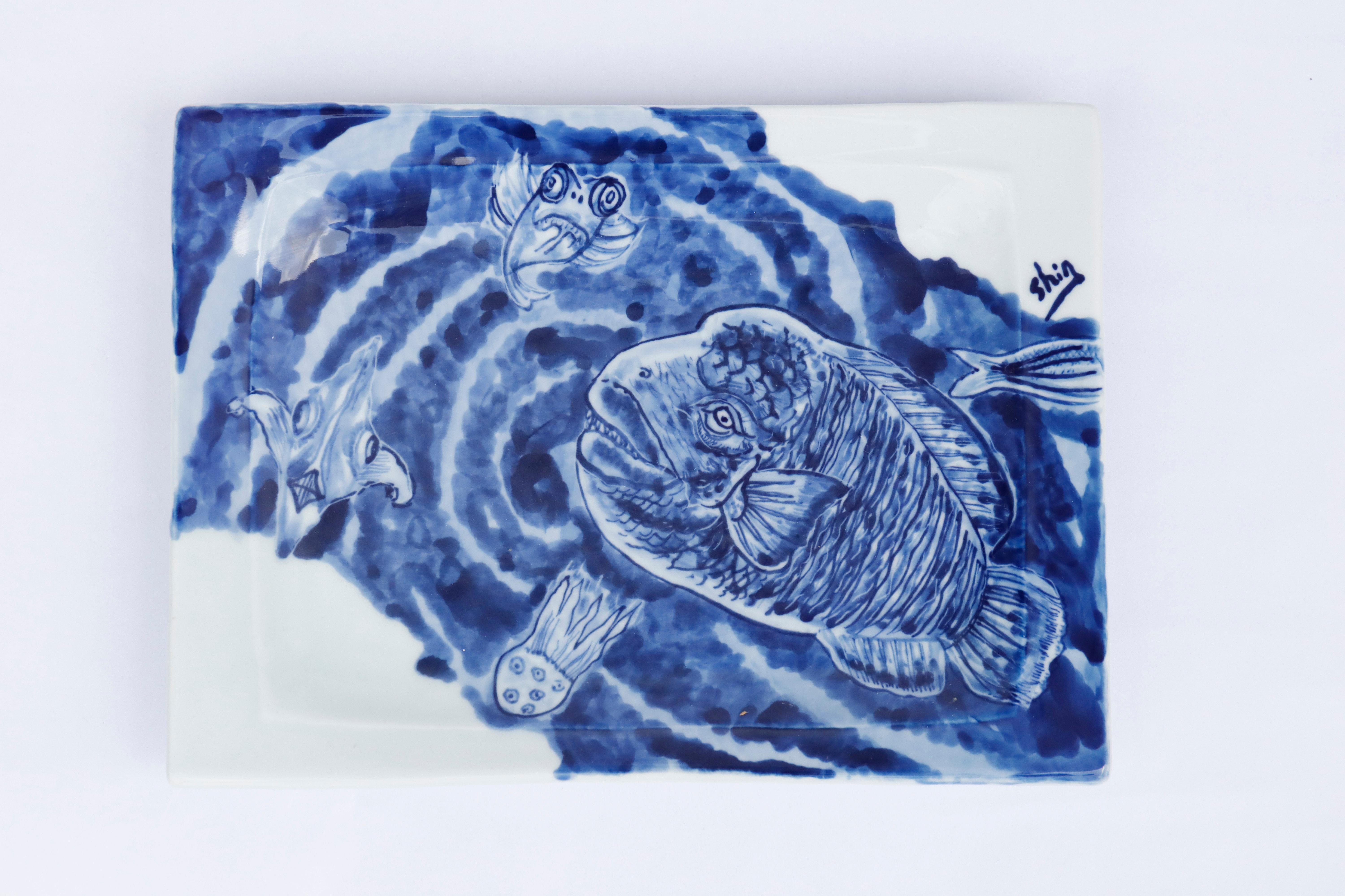 Hand painted blue & white Japanese porcelain decorative plate, Napoleon Fish  - Mixed Media Art by Shin Koyama