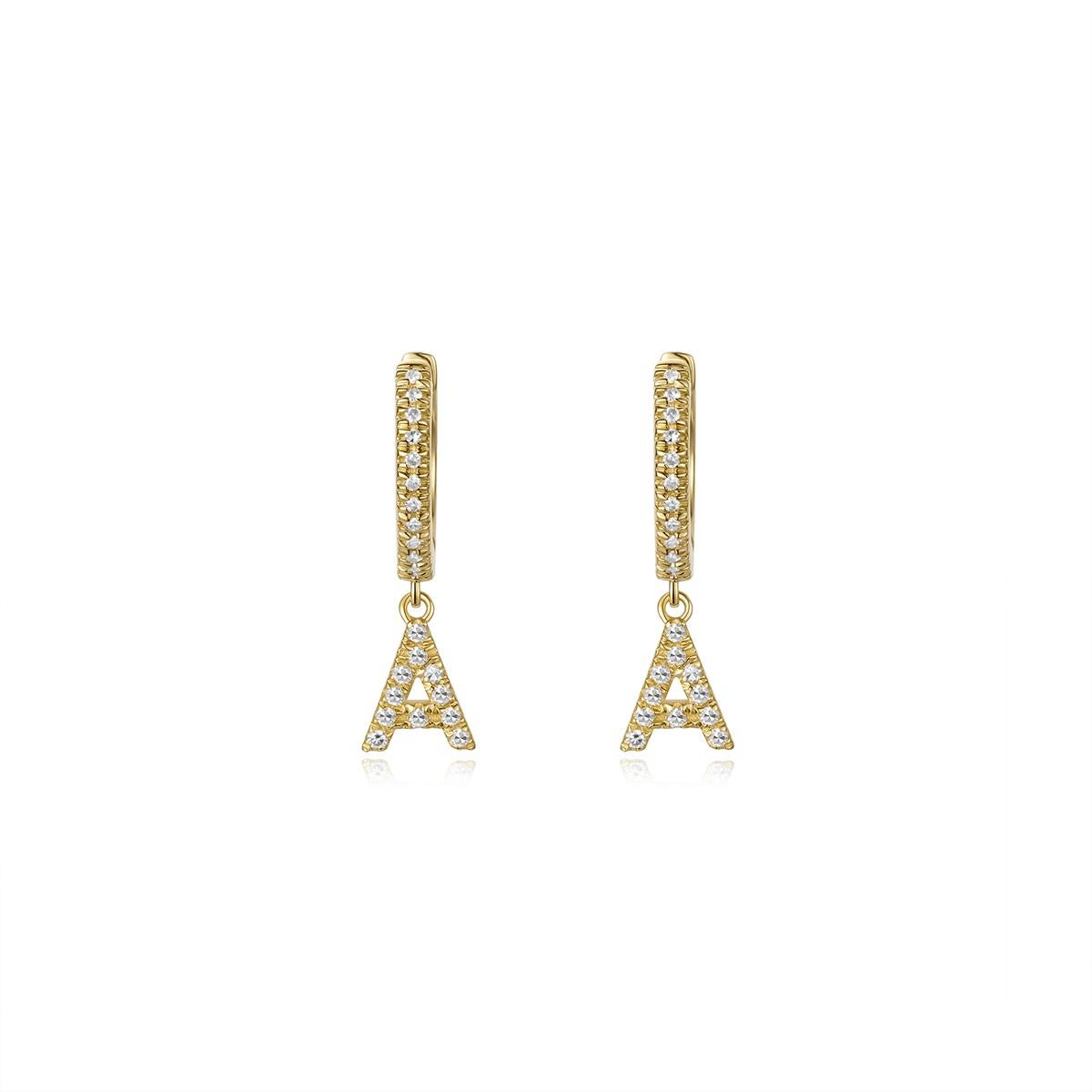 Orecchini a goccia con iniziali A in oro giallo 14K e diamanti Pave In condizioni Nuovo in vendita a Los Angeles, CA
