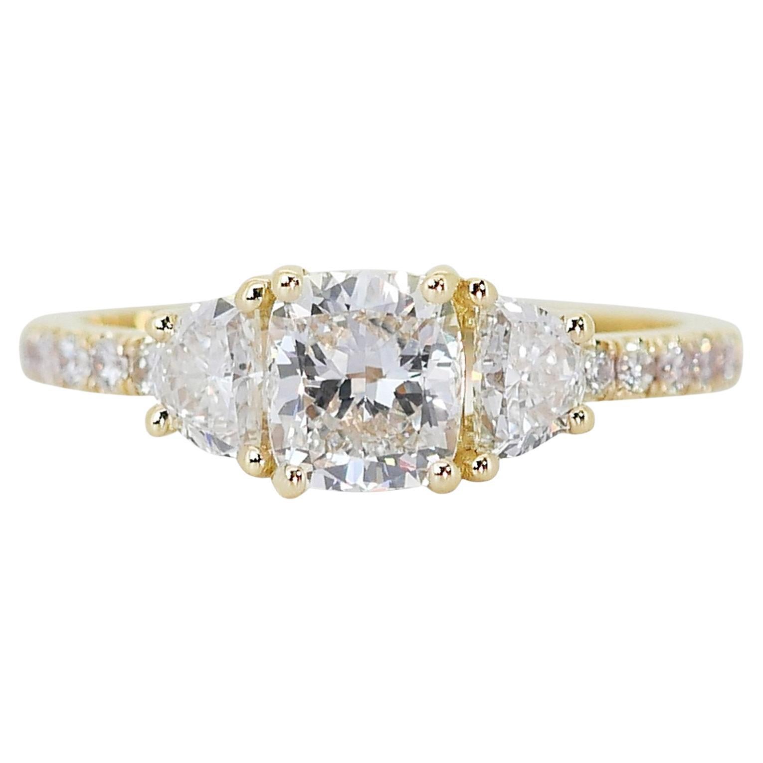 Shining 1.04 ct Cushion Cut Diamond 3 Stone Ring in 18k Yellow Gold – GIA 