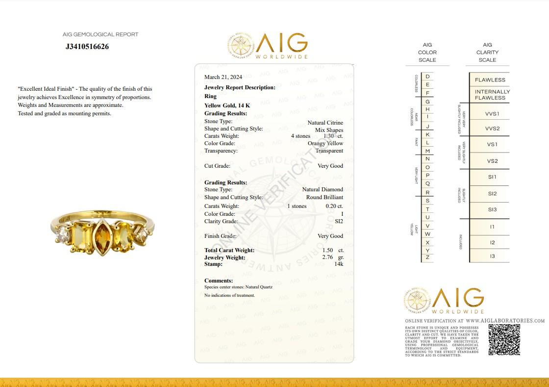 Shining 14K Yellow Gold Citrine and Diamond Pave Ring w/1.50 ct - AIG Certified For Sale 4