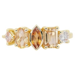 Bague brillante en or jaune 14 carats pavée de citrine et de diamants (1,50 ct) certifiée AIG