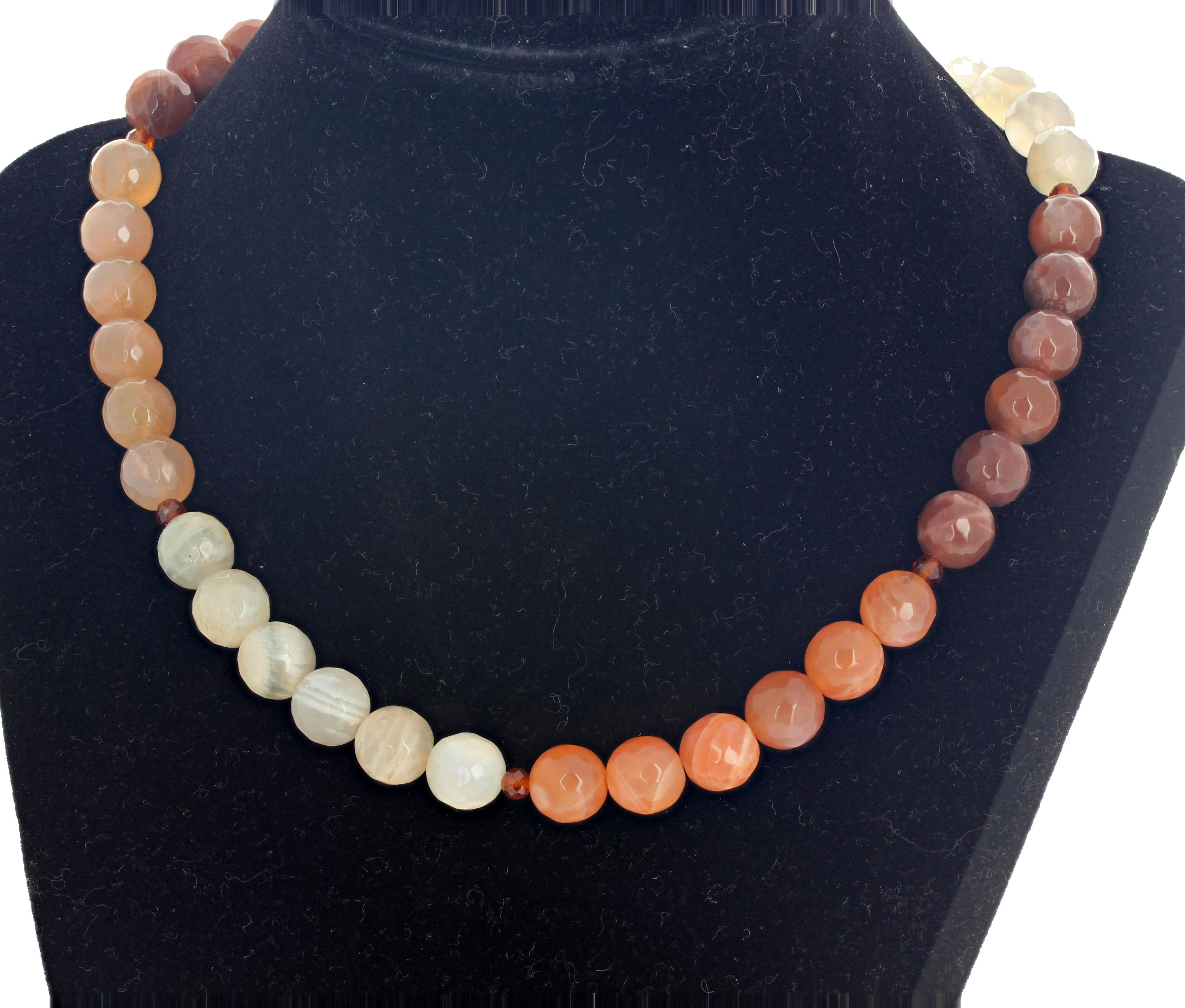 Beautiful checkerboard gem cut shining Moonstones  - creamy, light chocolate, and golden brown colors - happily enhanced with little natural real sparkling Hessonite Garnets in this lovely 17 inch long necklace with gold plated easy to use hook