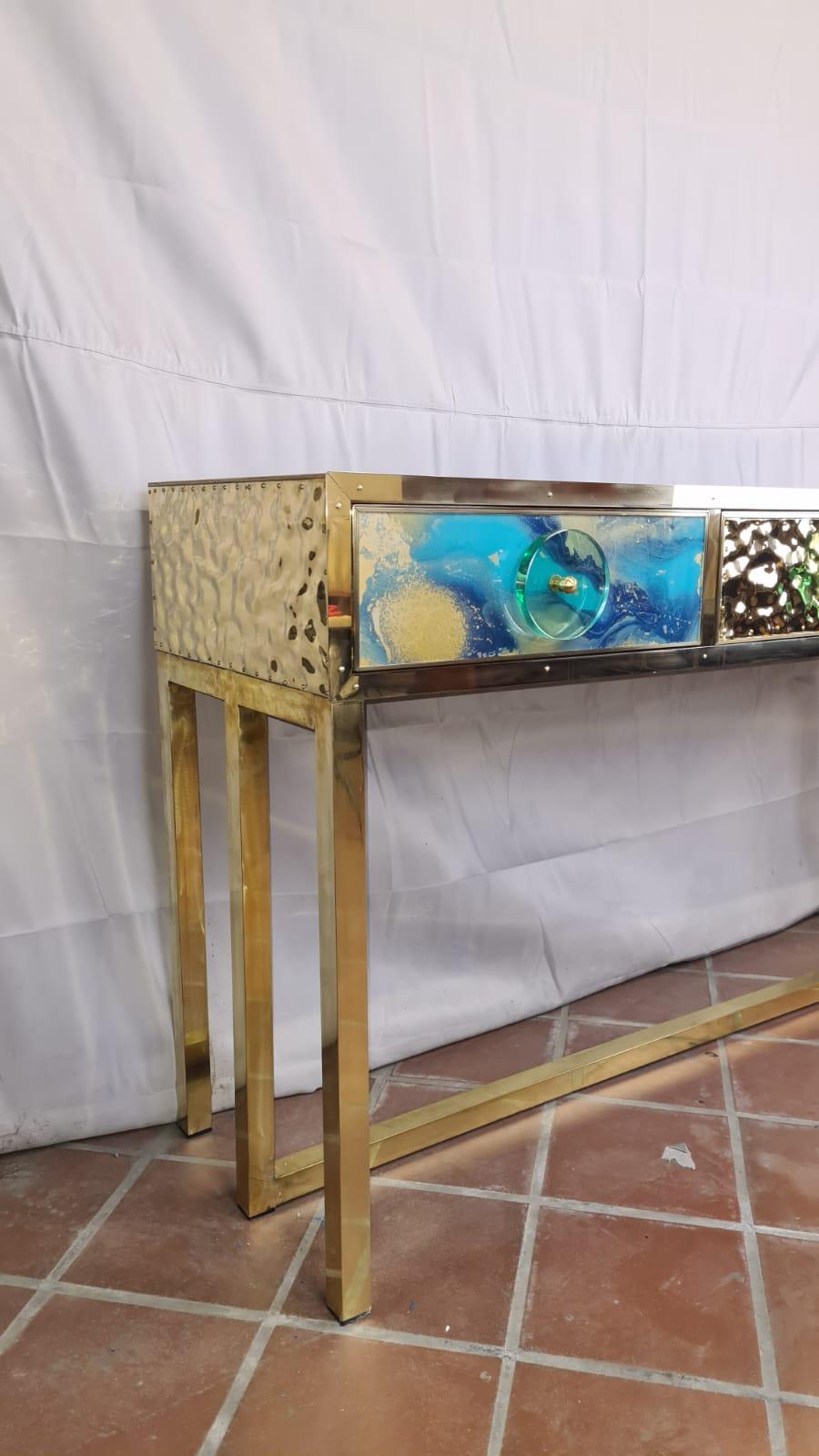 Modern Blue and Gold Murano Glass Console Table with 3 Drawers Available  For Sale 6