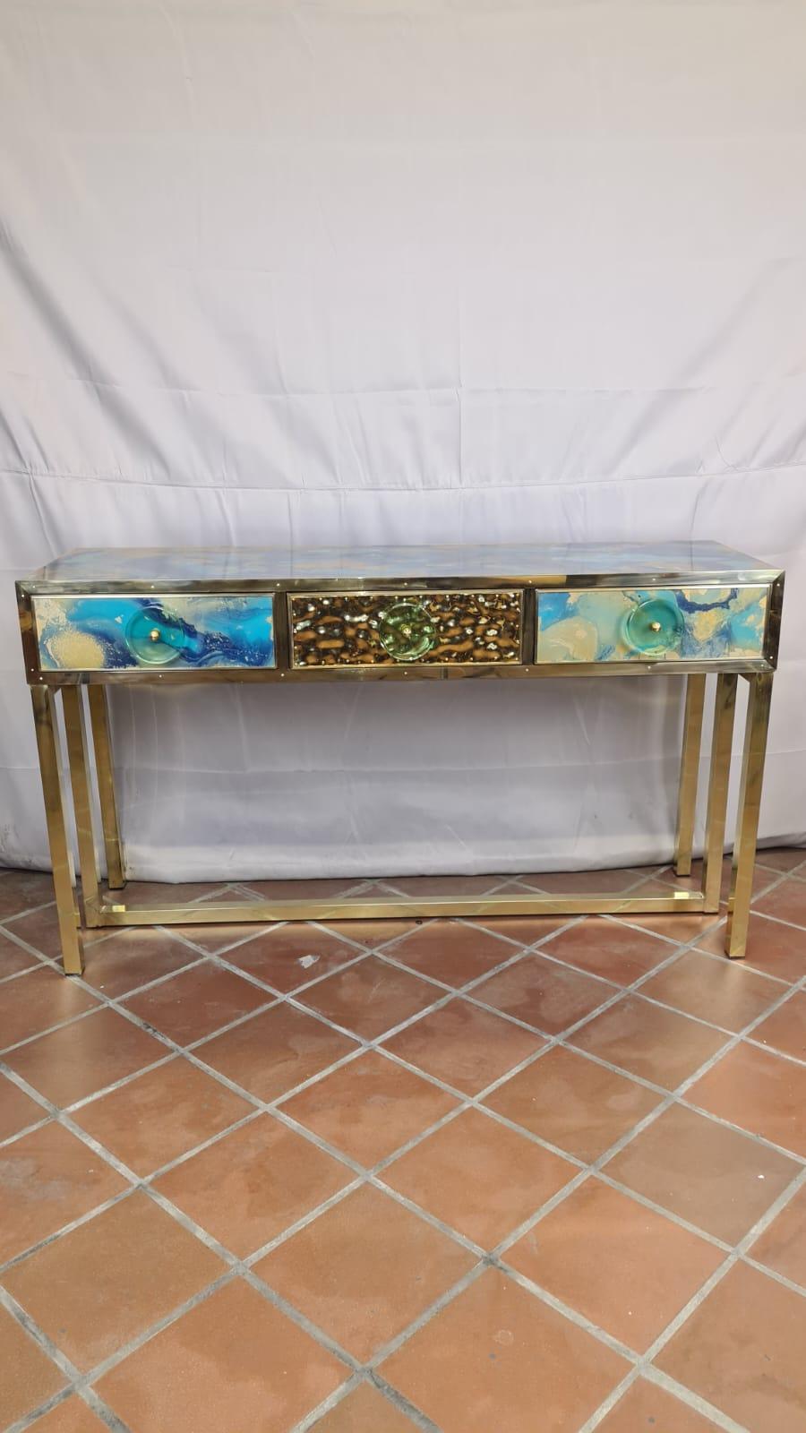 Table console moderne en verre de Murano bleu et or avec 3 tiroirs disponibles  en vente 7