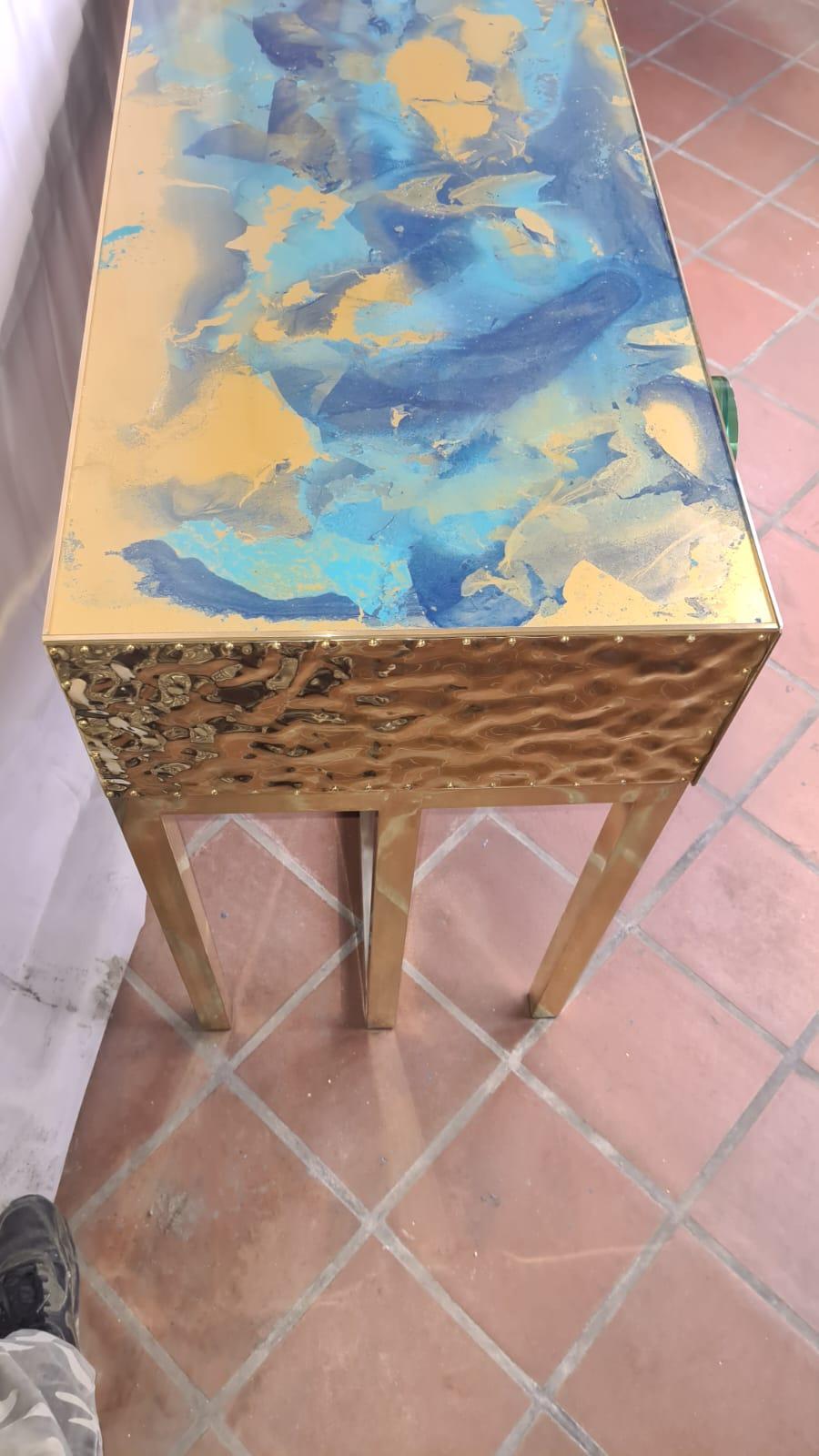 Table console moderne en verre de Murano bleu et or avec 3 tiroirs disponibles  en vente 8