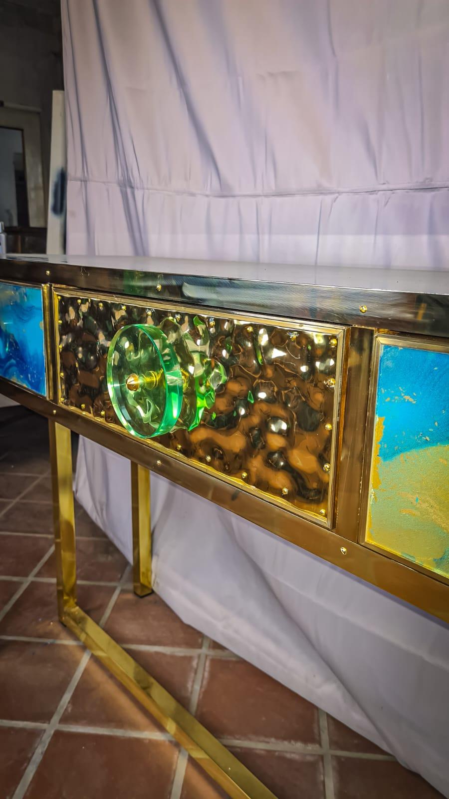 Table console moderne en verre de Murano bleu et or avec 3 tiroirs disponibles  en vente 9