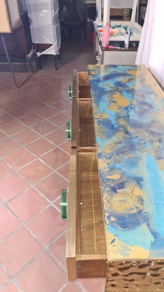 Modern Blue and Gold Murano Glass Console Table with 3 Drawers Available