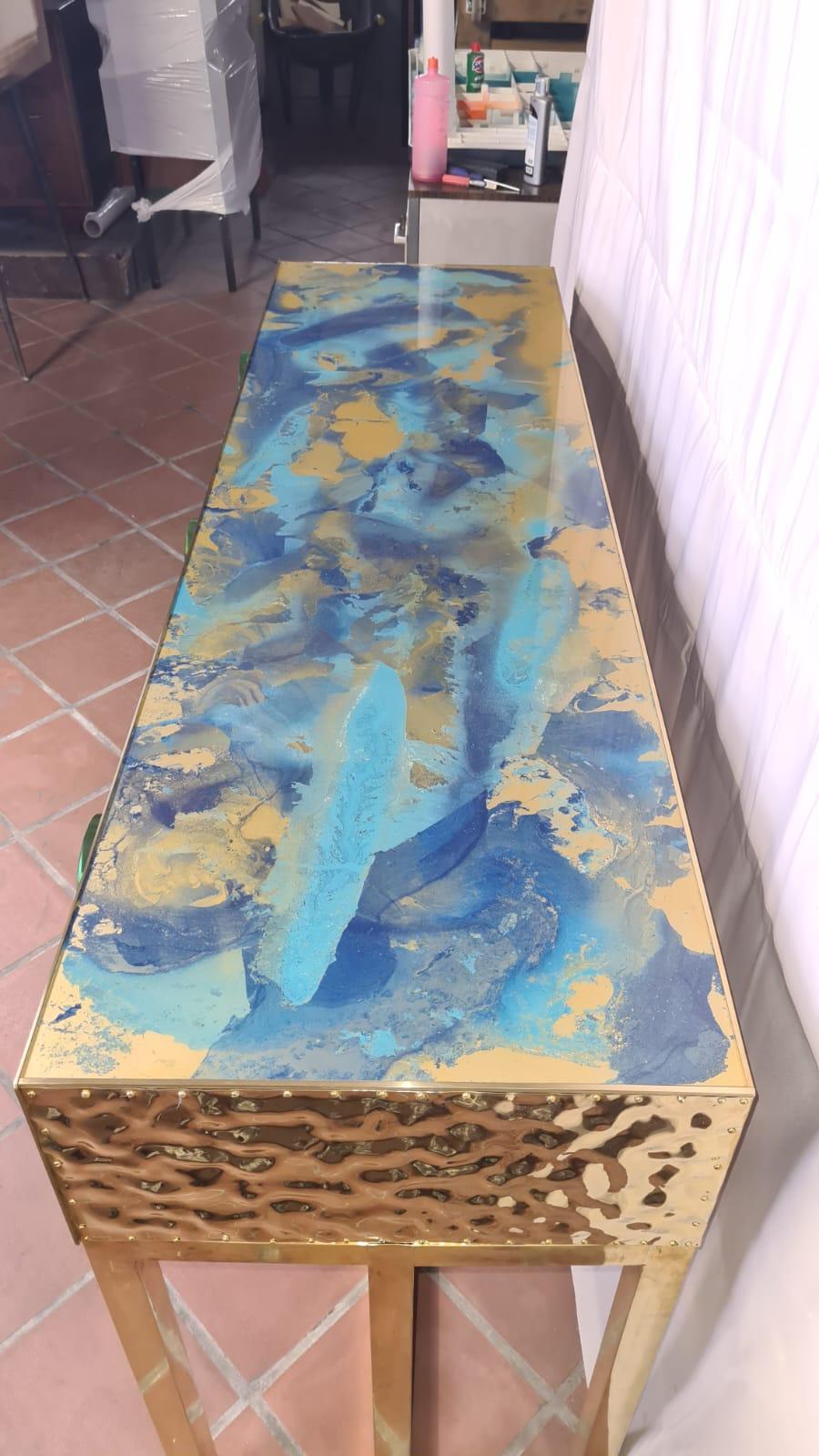 Italian Modern Blue and Gold Murano Glass Console Table with 3 Drawers Available  For Sale