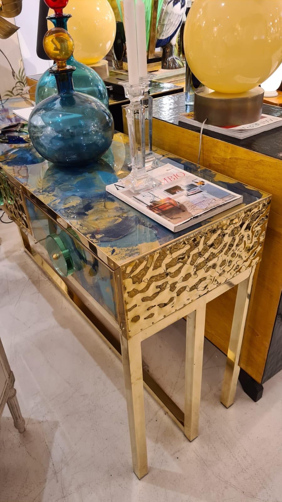 Hand-Crafted Modern Blue and Gold Murano Glass Console Table with 3 Drawers Available  For Sale