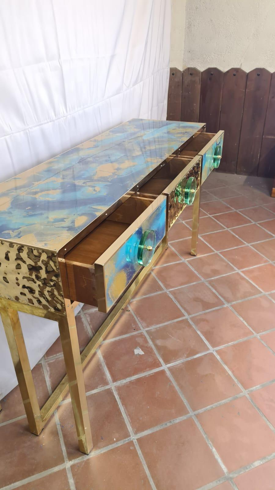 Contemporary Modern Blue and Gold Murano Glass Console Table with 3 Drawers Available  For Sale
