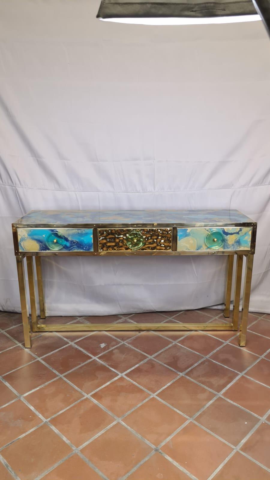 Verre d'art Table console moderne en verre de Murano bleu et or avec 3 tiroirs disponibles  en vente