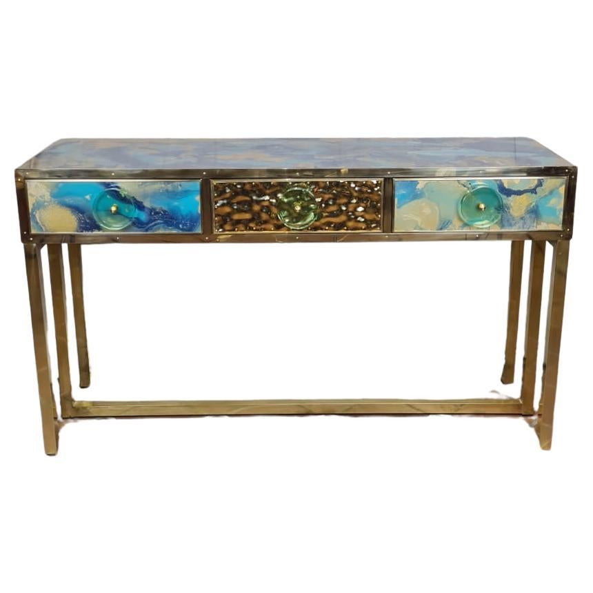 Modern Blue and Gold Murano Glass Console Table with 3 Drawers Available 