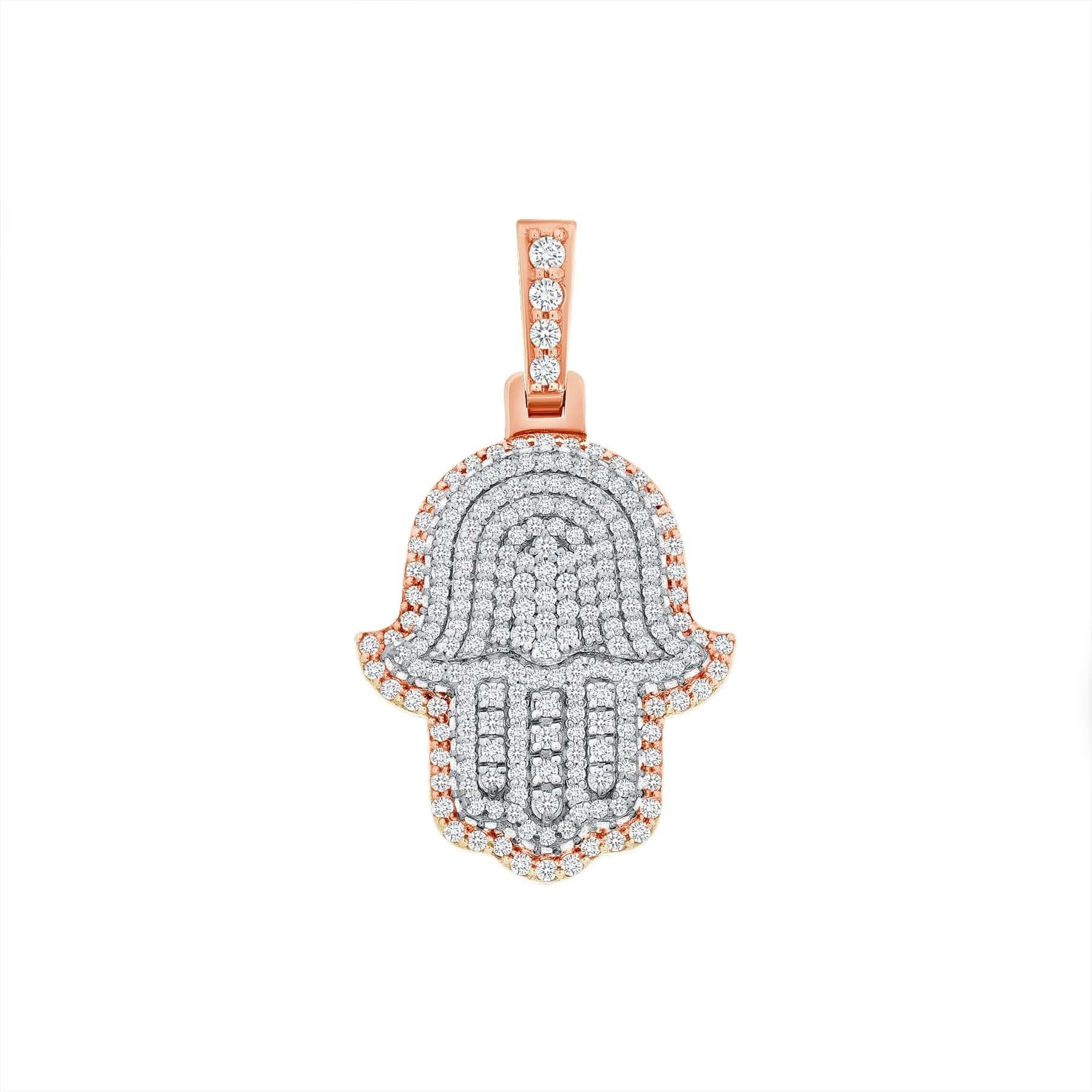 Round Cut Protective Diamond Charm 14K Gold Hamsa Necklace For Sale