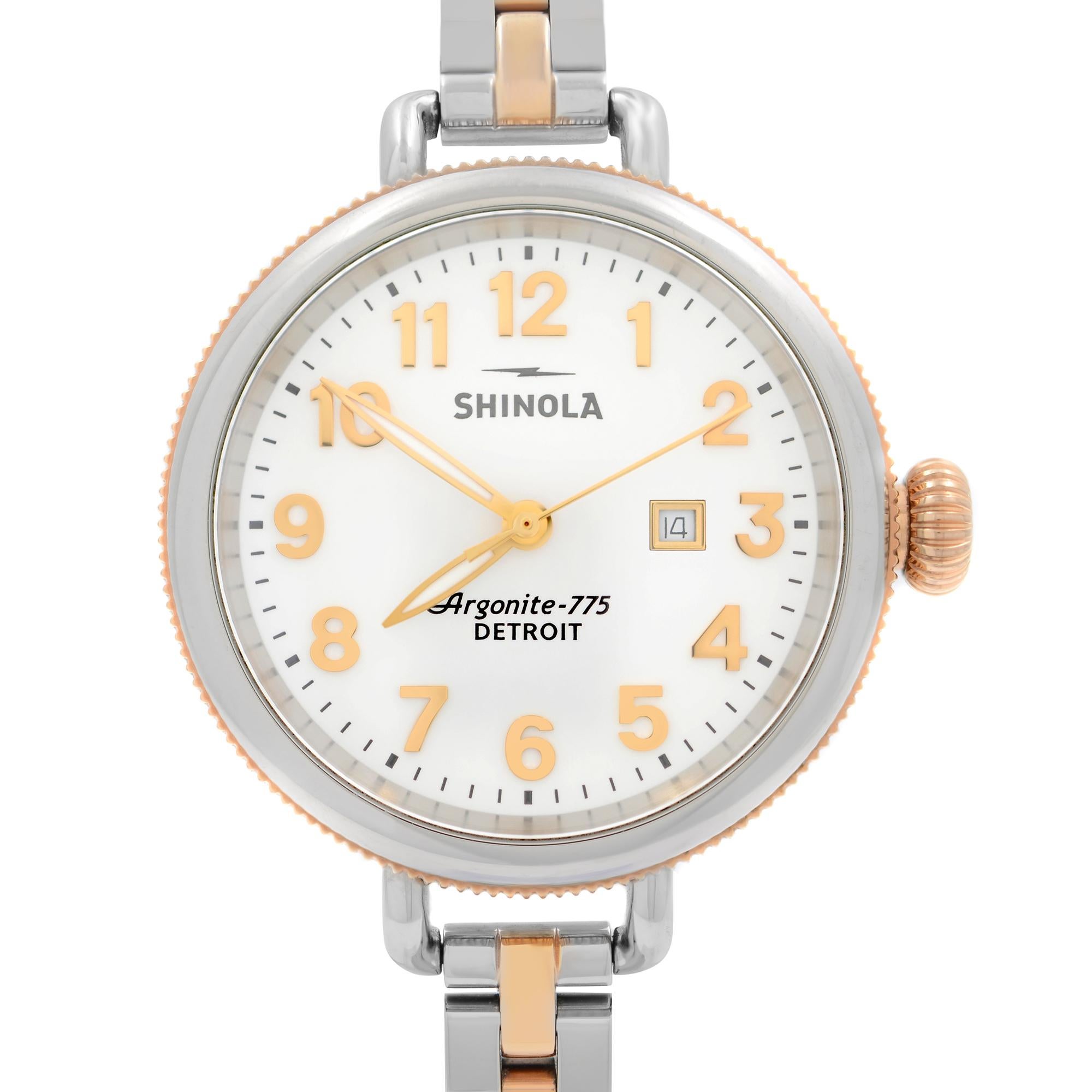 Pre-owned Shinola Birdy S0120001100  Rose Gold-Tone Steel White Dial Quartz Ladies Watch. Minor scratches on gold tone parts. No Original Box and Papers are Included. Comes with Chronostore Presentation Box and Authenticity Card. Covered by 1-year