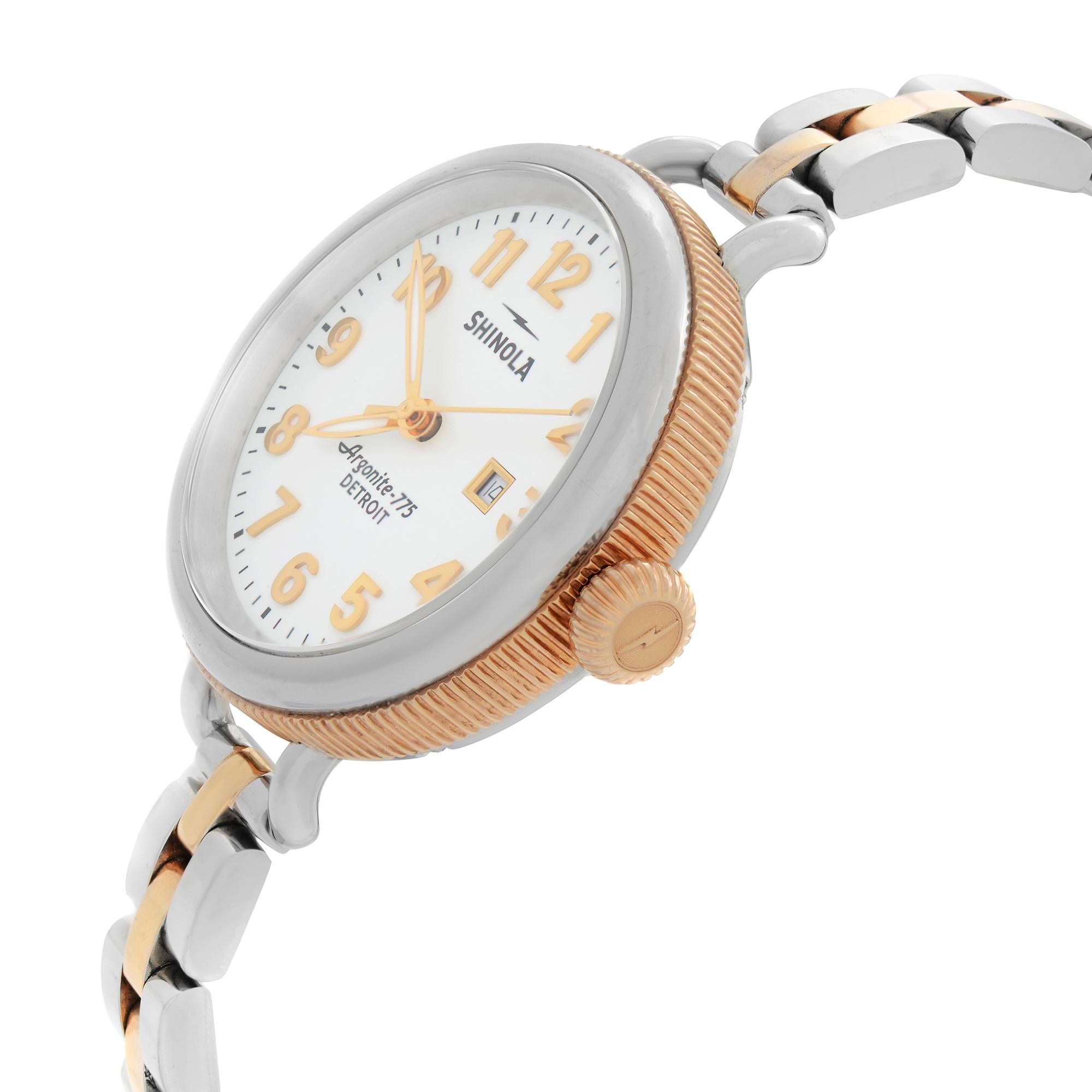 Shinola Birdy Rose Gold-Tone Steel White Dial Quartz Ladies Watch S0120001100 In Good Condition In New York, NY