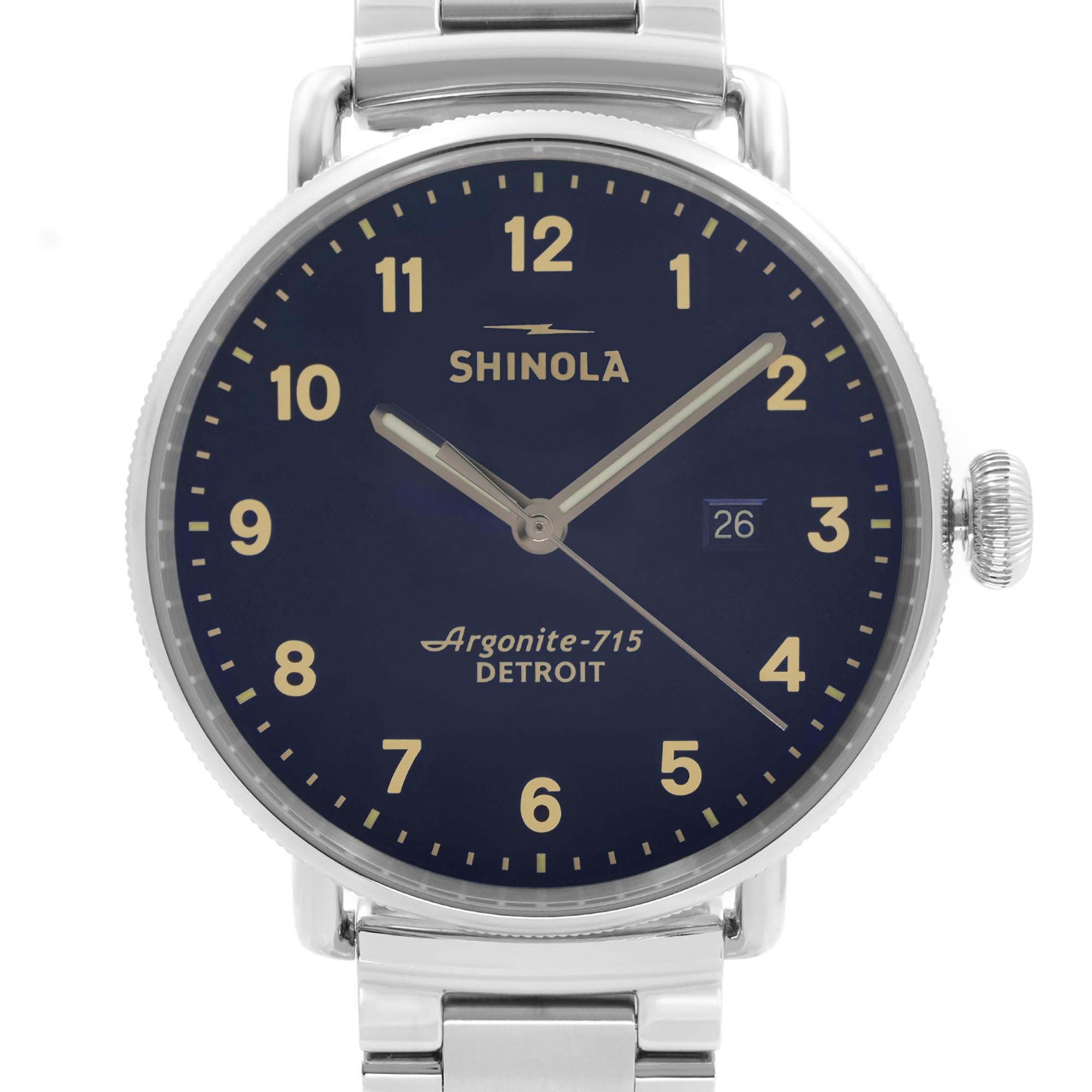 Great condition. The case back has some minor scratches. Wrist size 7 inches

 Brand: Shinola  Type: Wristwatch  Department: Men  Model Number: S0120018331  Country/Region of Manufacture: United States  Style: Dress/Formal  Model: Shinola The