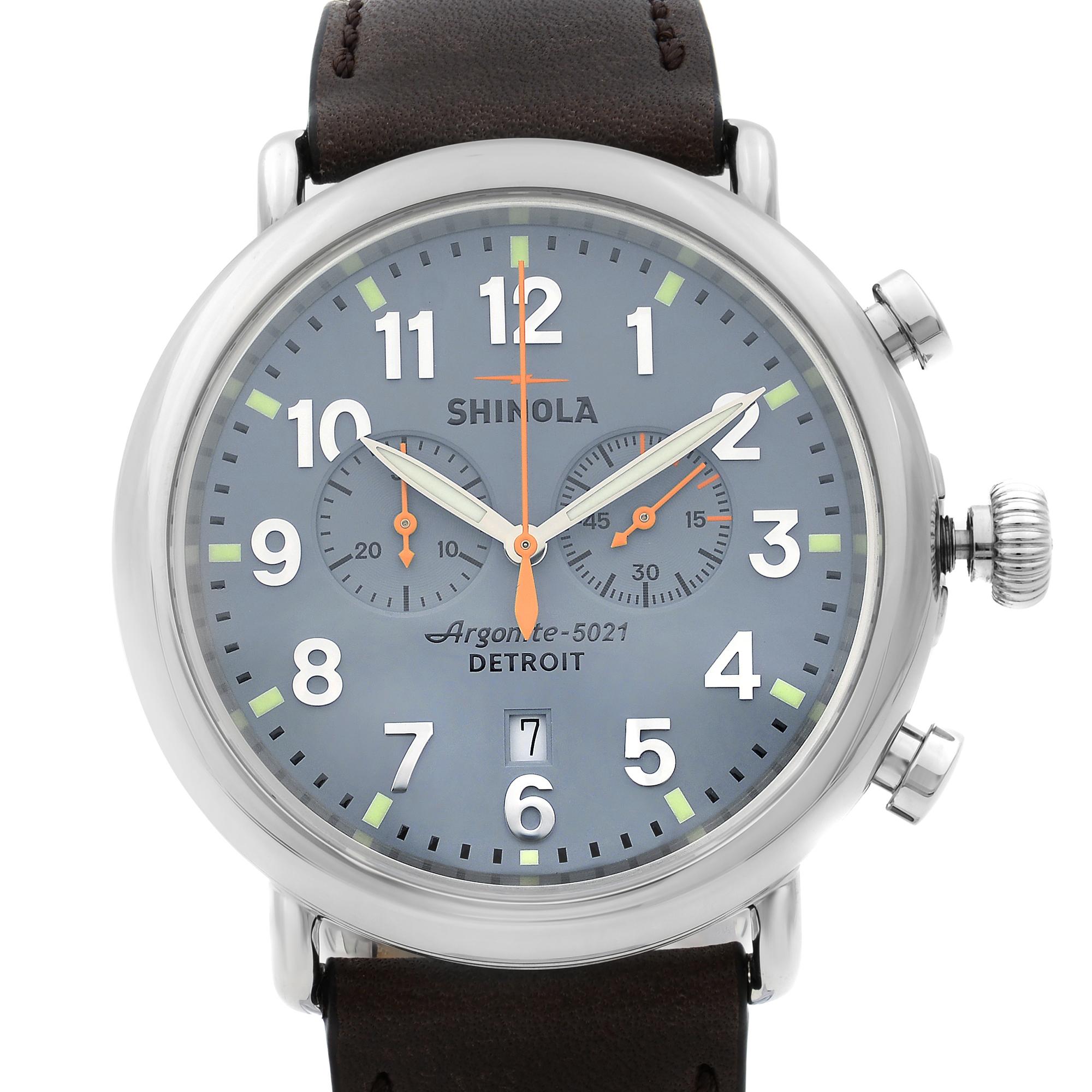 This pre-owned Like new (Store Display with defects on band) Shinola Runwell  S0110000167 is a beautiful men's timepiece that is powered by quartz (battery) movement which is cased in a stainless steel case. It has a round shape face, chronograph,
