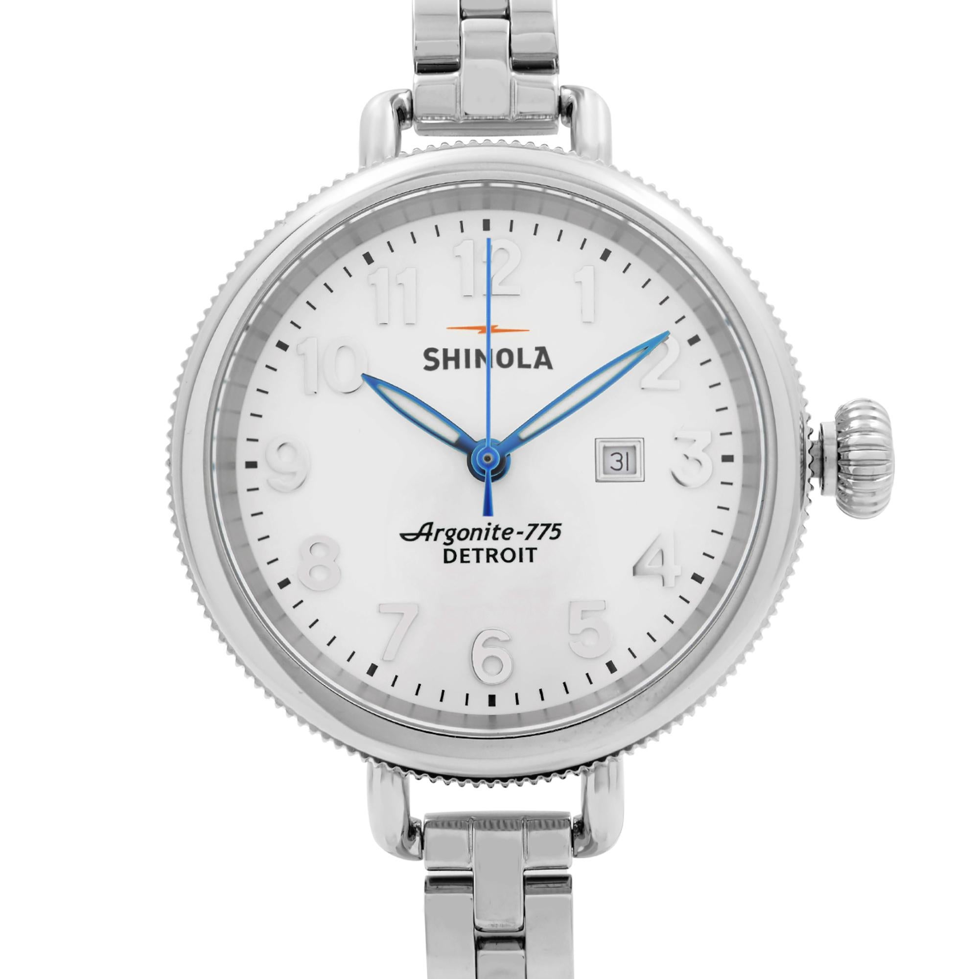 Store Display Model  Shinola The Birdy Watch is a beautiful Ladie's timepiece that is powered by quartz (battery) movement which is cased in a stainless steel case. It has a round shape face, a date indicator dial, and has hand Arabic numerals style