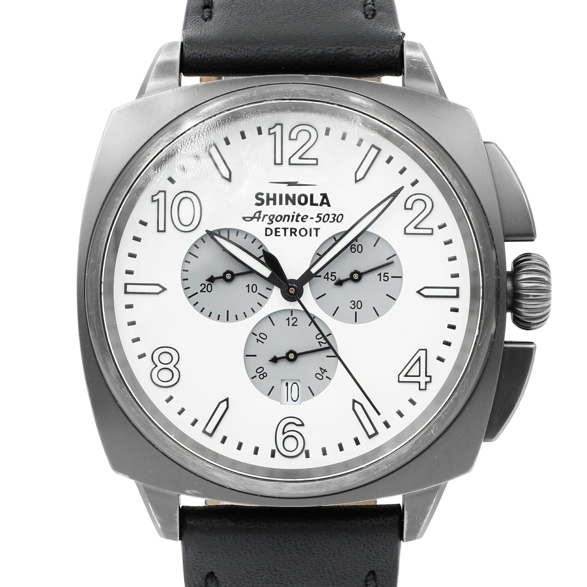 This pre-owned Shinola The Brakeman S10000188 is a beautiful men's timepiece that is powered by a quartz movement which is cased in a stainless steel case. It has a round shape face, chronograph, date, small seconds subdial dial and has hand arabic