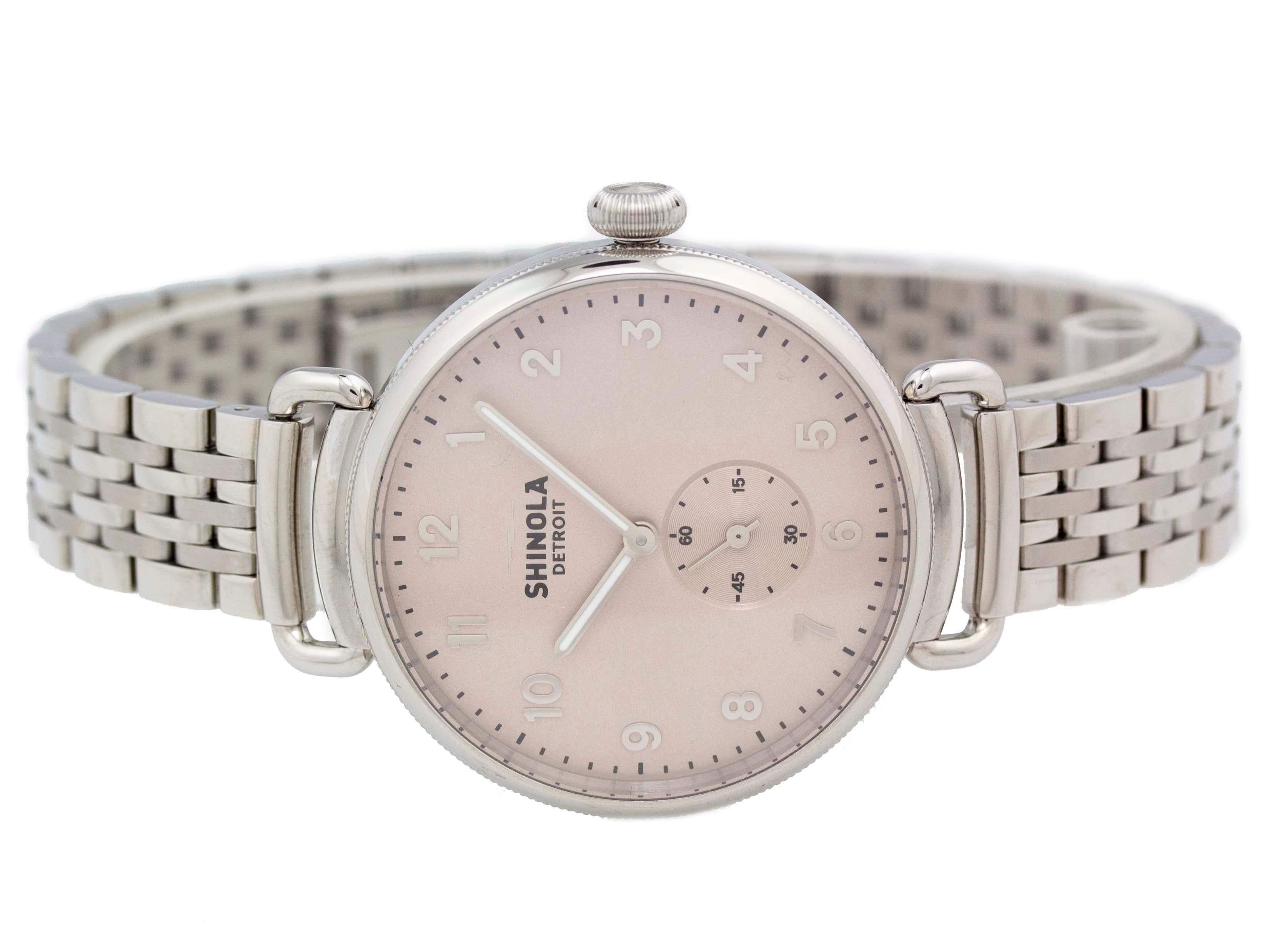 Brand	Shinola
Series	The Canfield
Model	20004466
Gender	Women's
Condition	Great Display Model, Light Scratches on Bezel, Case, & Bracelet
Material	Stainless