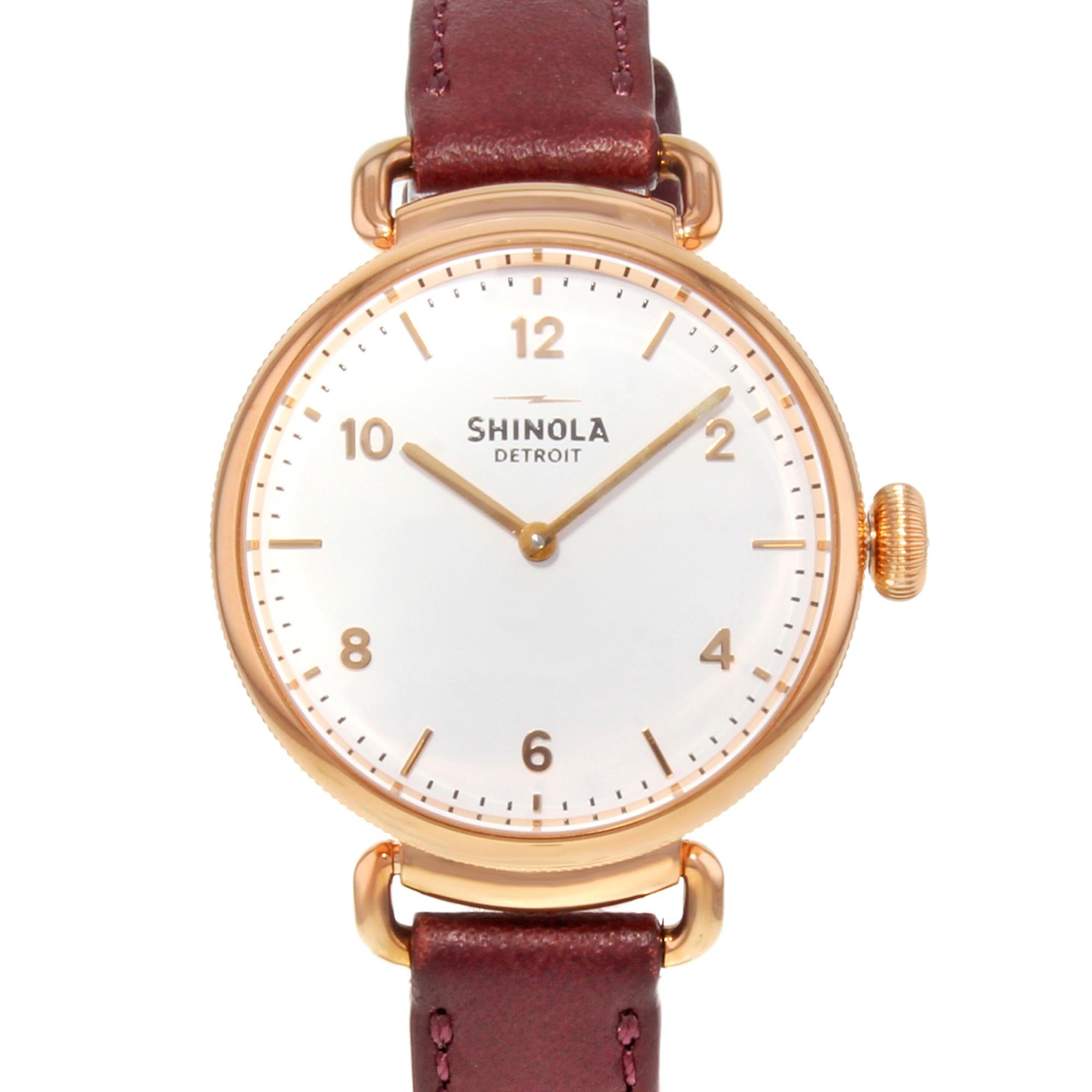 This display model Shinola The Canfield 20018133 is a beautiful Ladies timepiece that is powered by a quartz movement which is cased in a stainless steel case. It has a round shape face, no features dial and has hand arabic numerals, sticks style