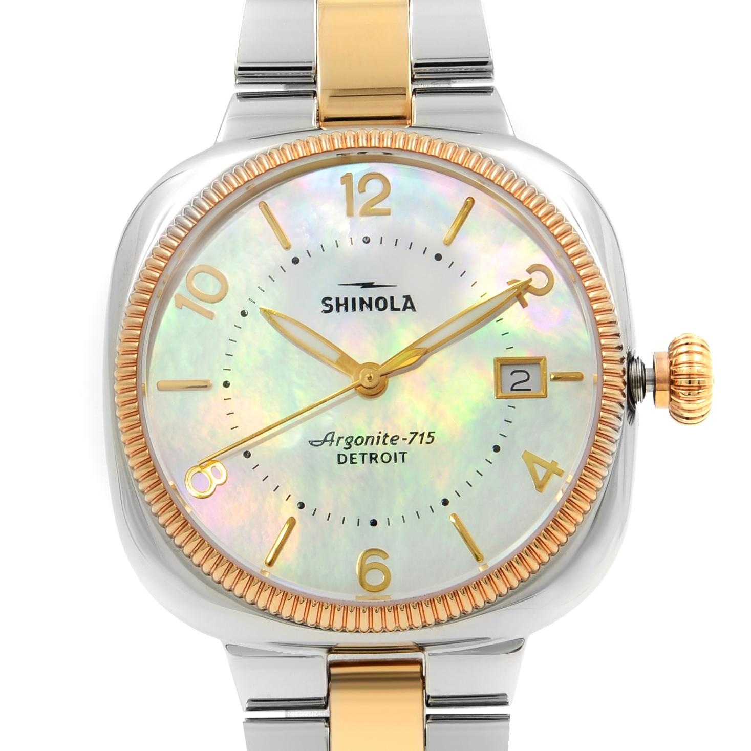 This brand new Shinola The Gomelsky S0120001102 is a beautiful Ladie's timepiece that is powered by quartz (battery) movement which is cased in a stainless steel case. It has a round shape face, date indicator dial and has hand sticks & numerals