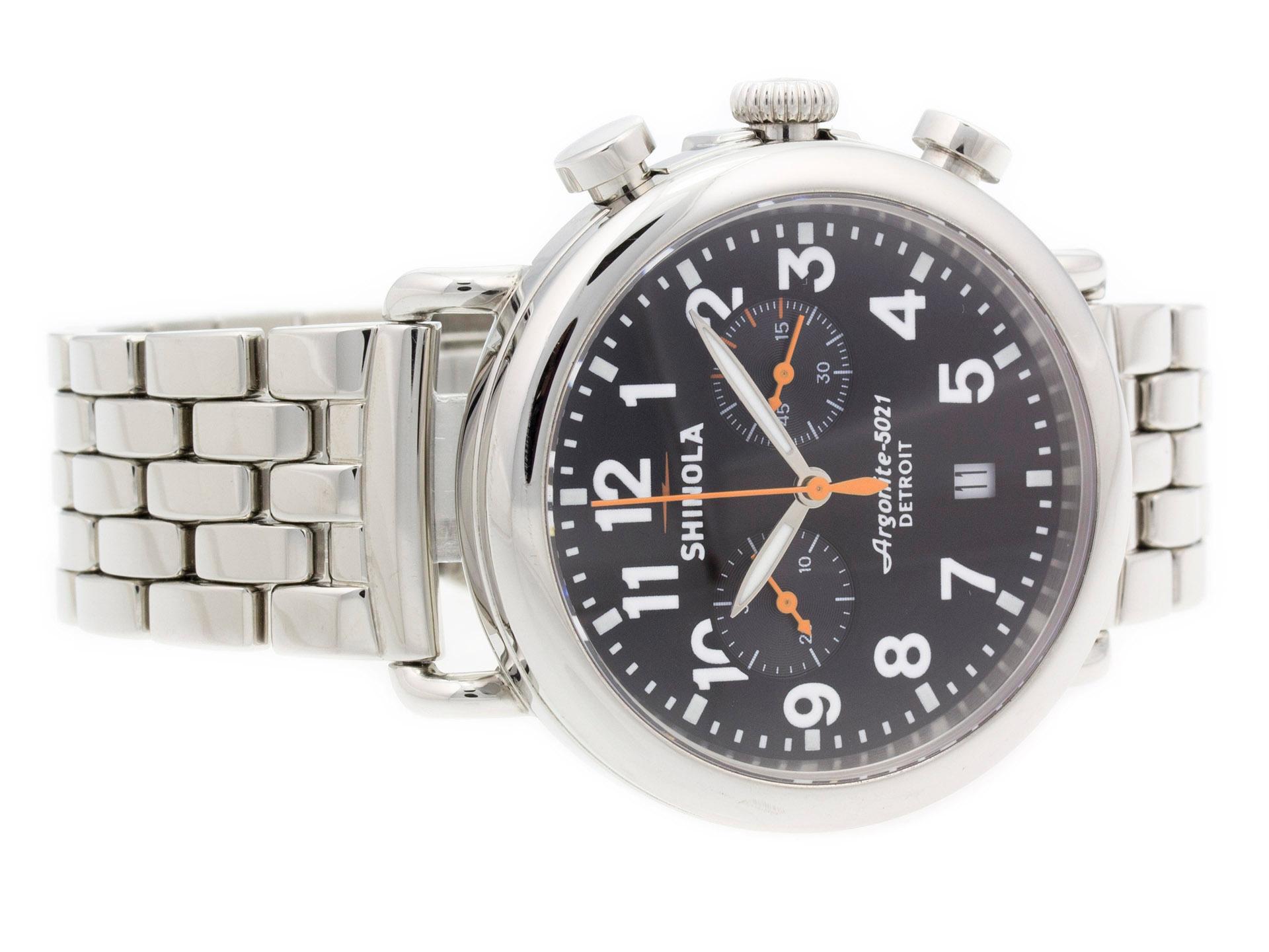 Steel Shinola The Runwell Chrono Quartz Watch with a 41mm Case, Black Dial, and Steel Bracelet with Folding Clasp. Features include Hours, Minutes, Seconds, Date, and Chronograph. Comes with a Deluxe Gift Box and 2 Year Store