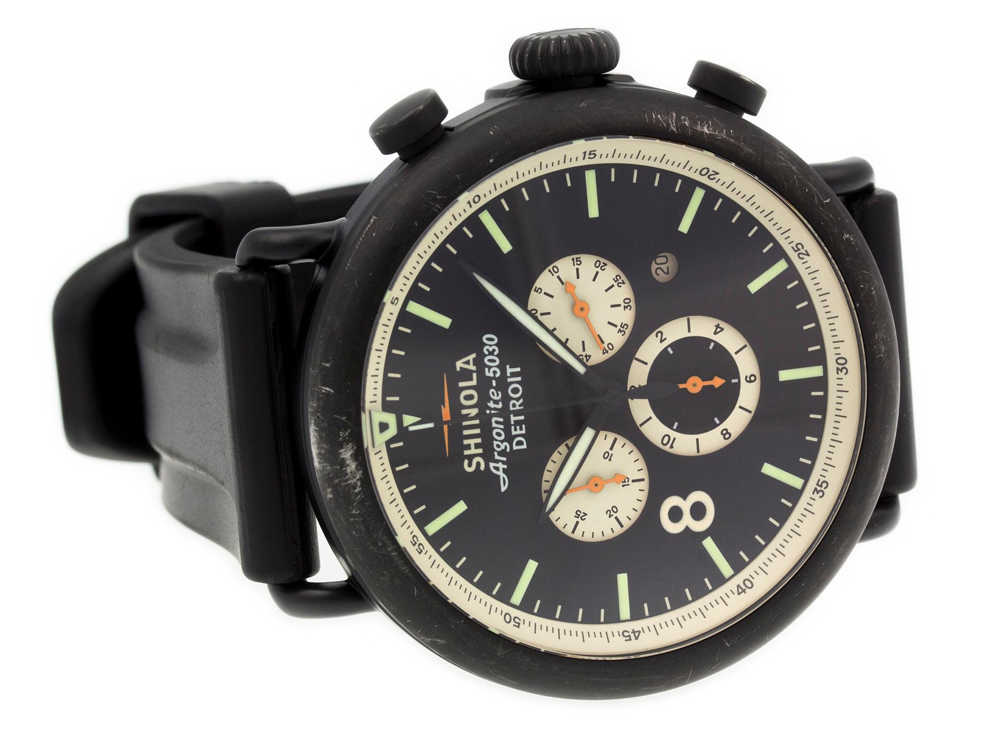 PVD Steel Shinola The Runwell Contrast Chrono 10000076 watch, water resistant to 100m, with date and bracelet.

Watch	
Brand:	Shinola
Series:	The Runwell 47 Chrono
Model #:	10000076
Gender:	Men’s
Condition:	Fair Condition Pre-owned, Scratches &