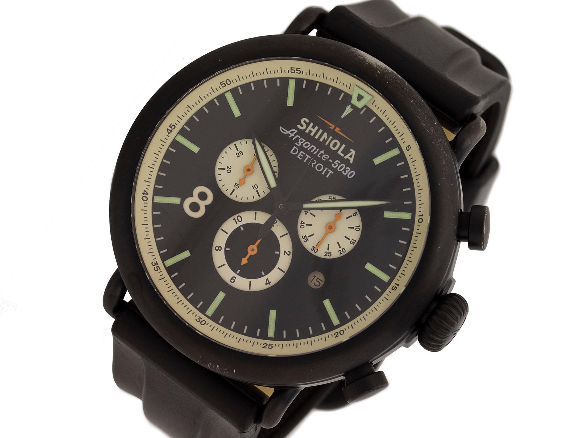 Black PVD Steel Shinola The Runwell Contrast Chrono Quartz Watch with a 47mm Case, Black Dial, and Rubber Strap with Tang Buckle. Features include Hours, Minutes, Seconds, Date, and Chronograph. Comes with a Deluxe Gift Box and 2 Year Precision