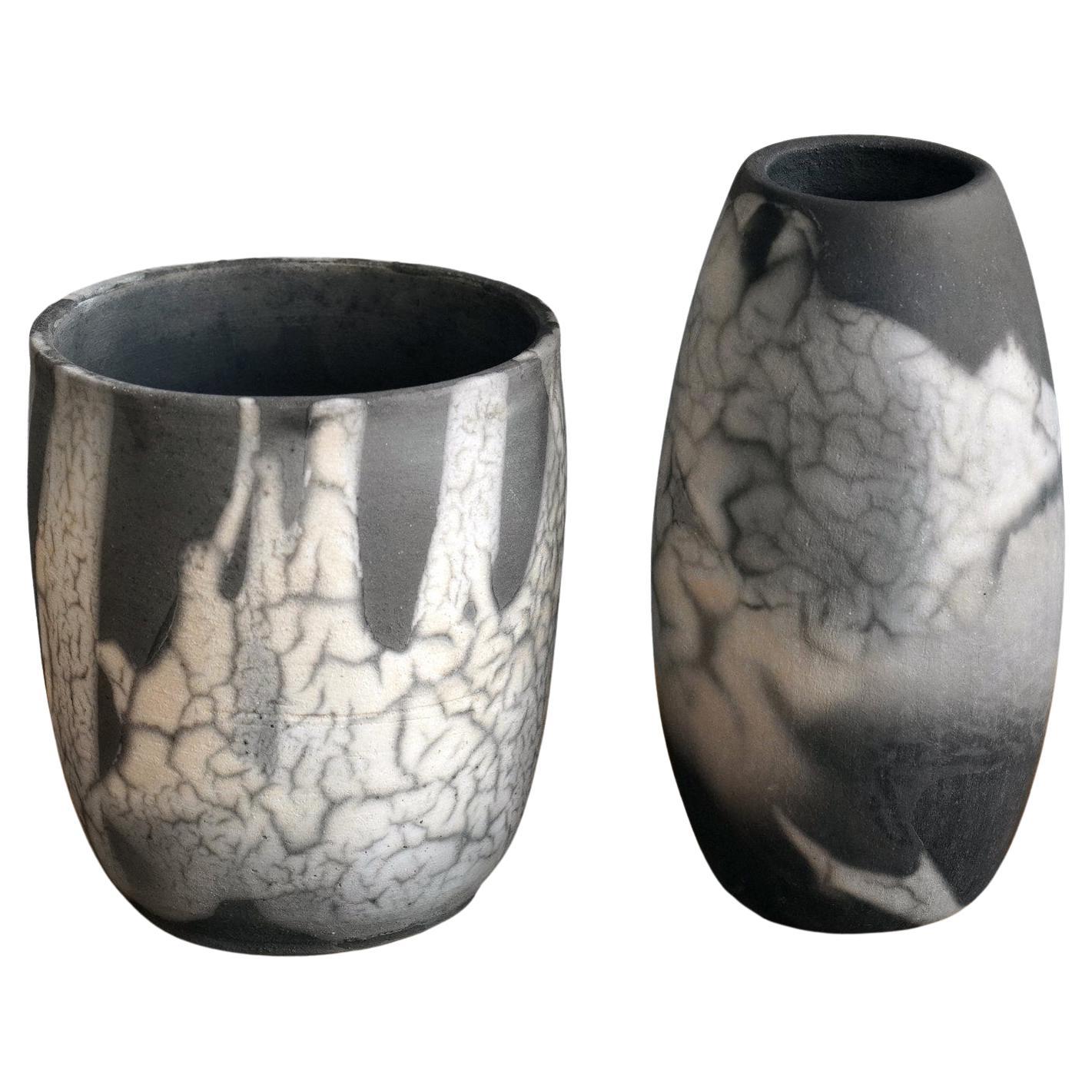 Vase en poterie Raku Shinsen & Tsuri - Raku fumé - Décoration intérieure en céramique faite à la main