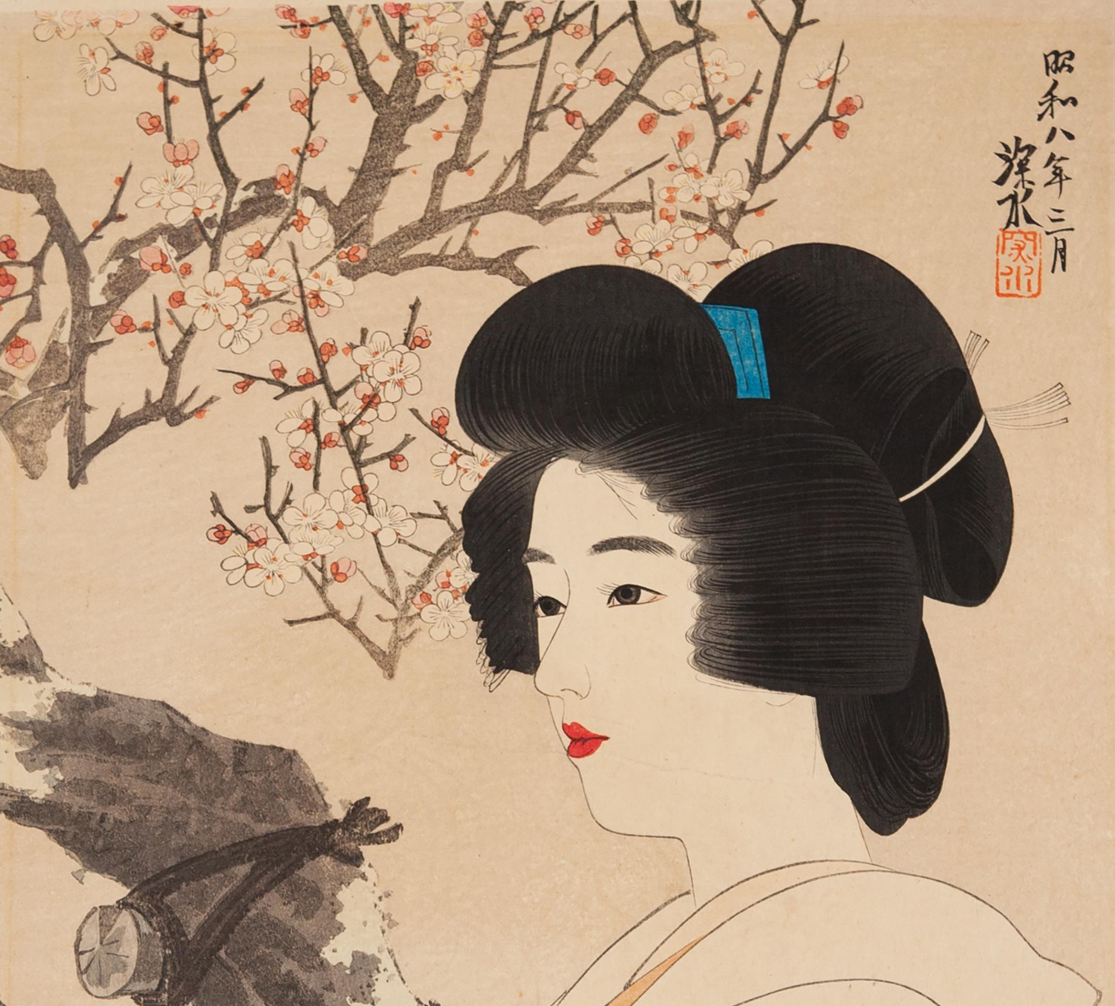 Showa Shinsui, Original Japanese Woodblock Print, Shin Hanga Beauty, Plum Blossom, Red For Sale
