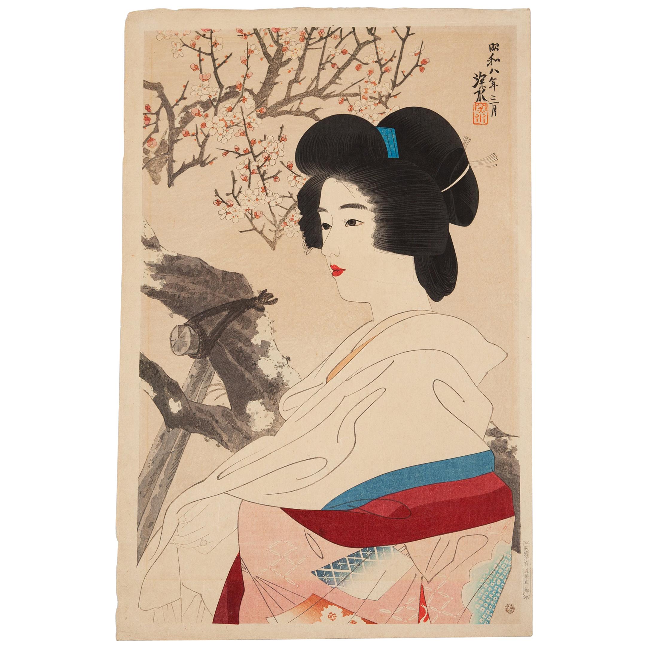Shinsui, Original Japanese Woodblock Print, Shin Hanga Beauty, Plum Blossom, Red For Sale