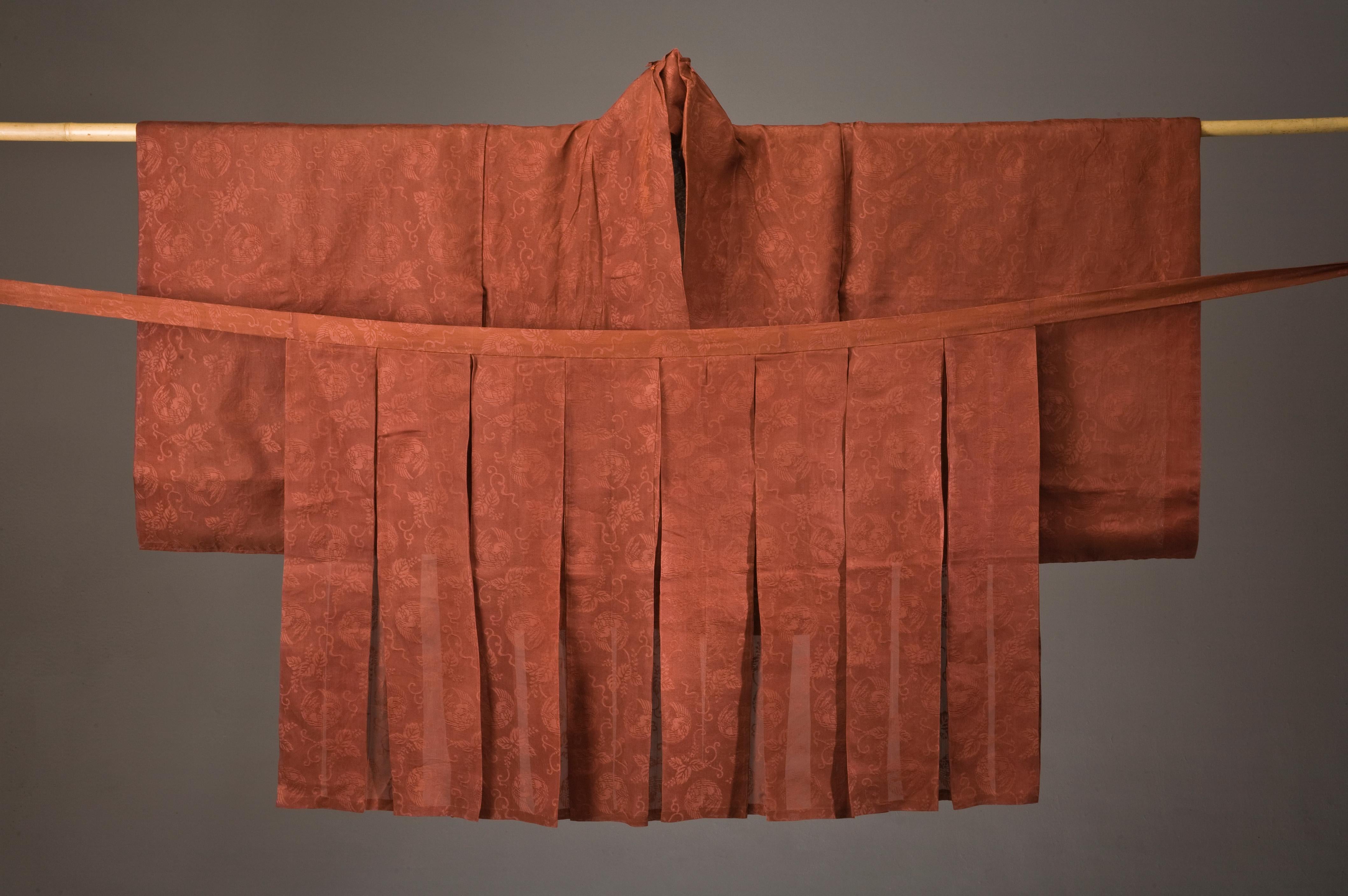 Shinto Monk Costume Set
Rinzu Silk Set of Shinto Monk Costume
The Design is in the Weaving. The Jacket is lined in Silk. 
Burgundy Color is Very Rich. The Kimono type Jacket is lined in Silk. 
Entire two Jacket items are all Hand-Stitched.