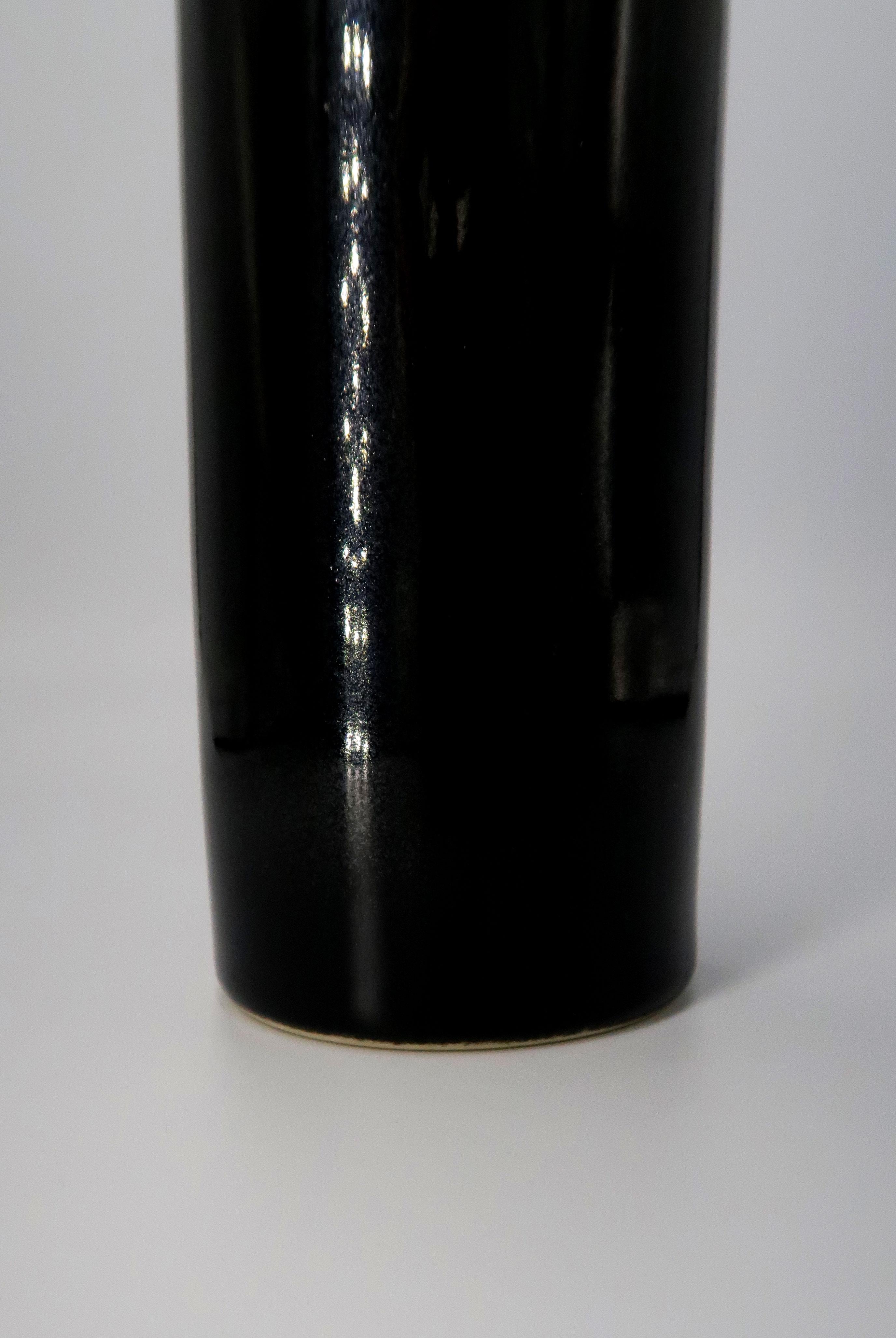 Danish Søholm Shiny Black Glazed Cylinder Stoneware Vase, 1960s For Sale