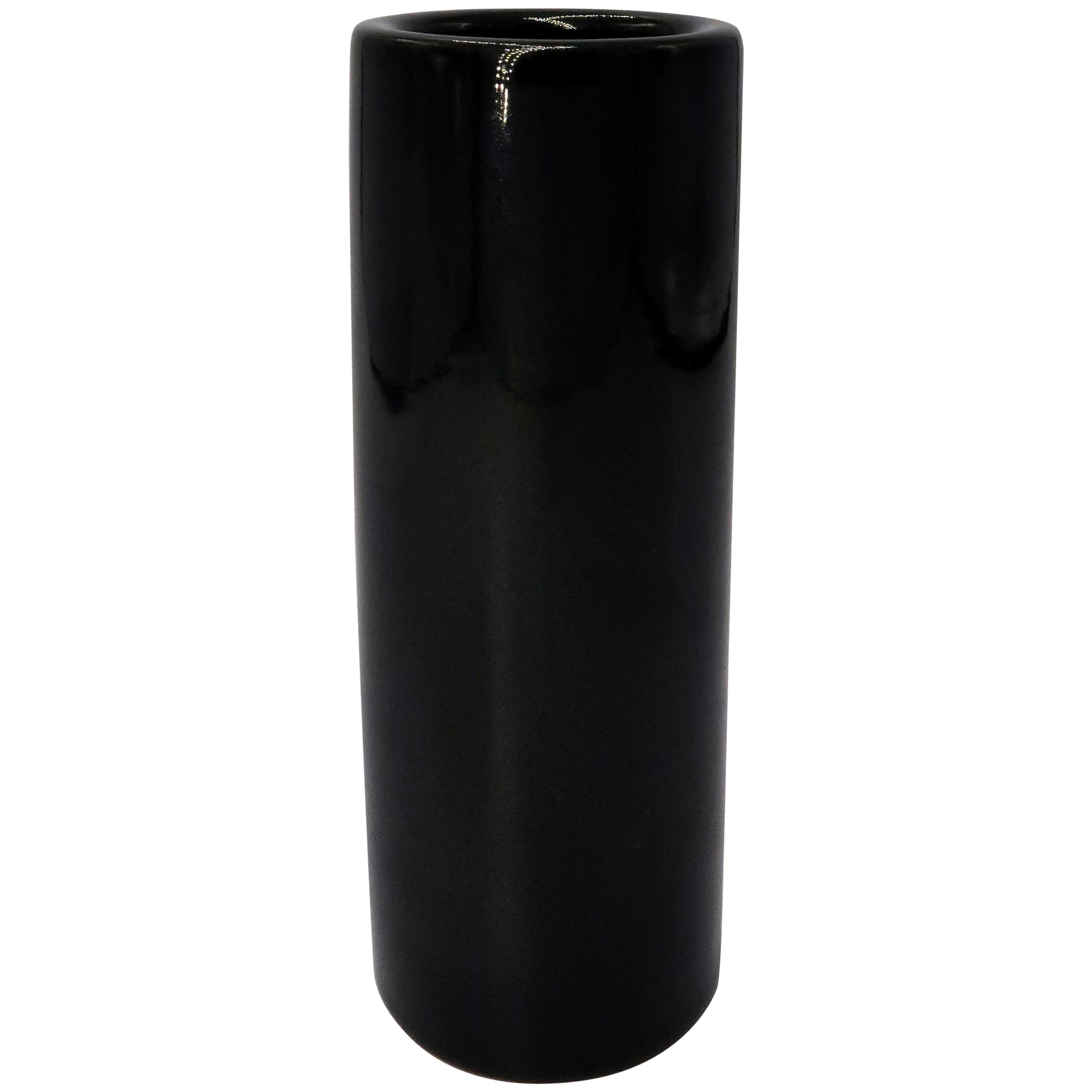 Søholm Shiny Black Glazed Cylinder Stoneware Vase, 1960s