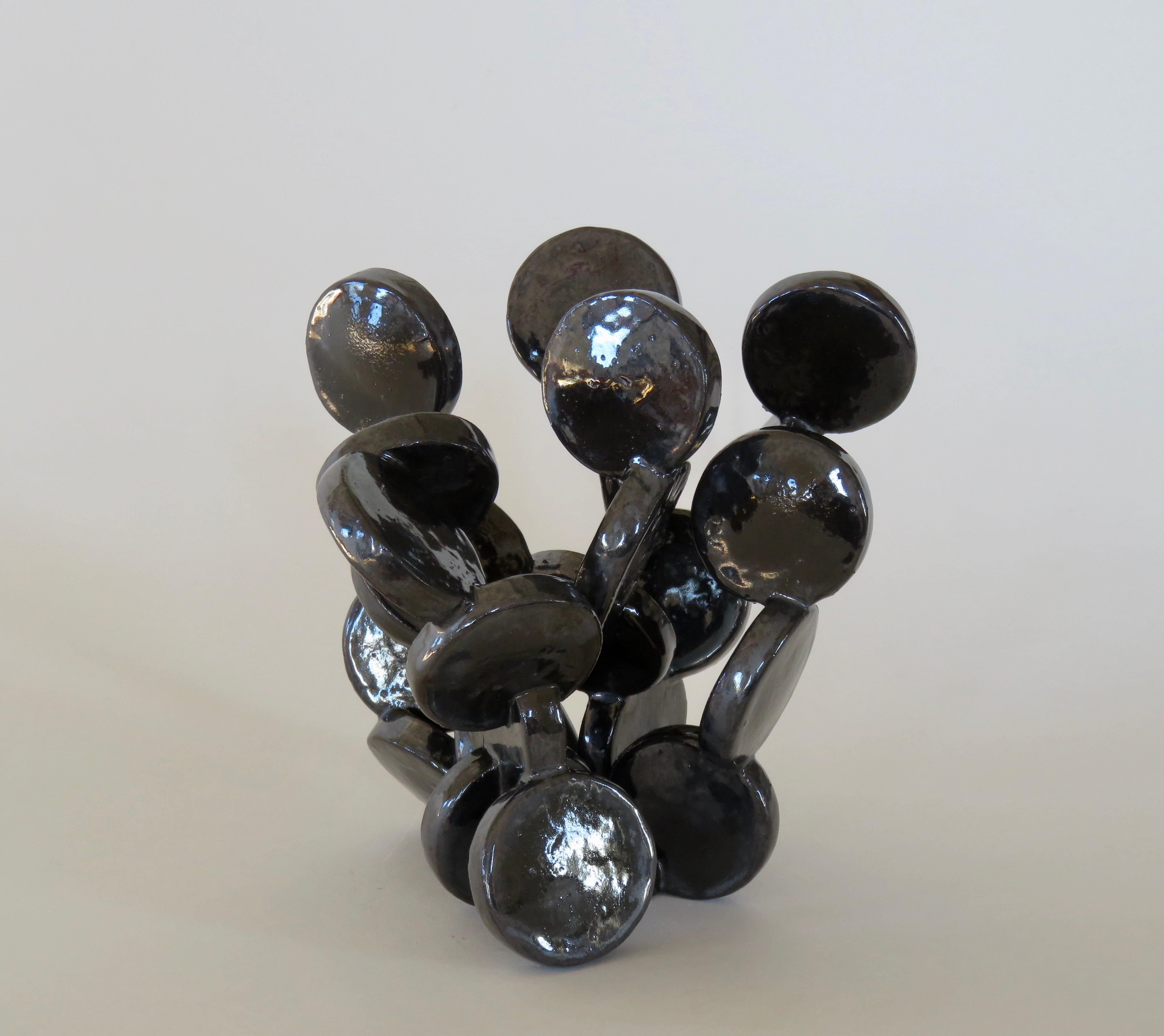 American Shiny Black Discs, Handbuilt Abstract Ceramic Sculpture