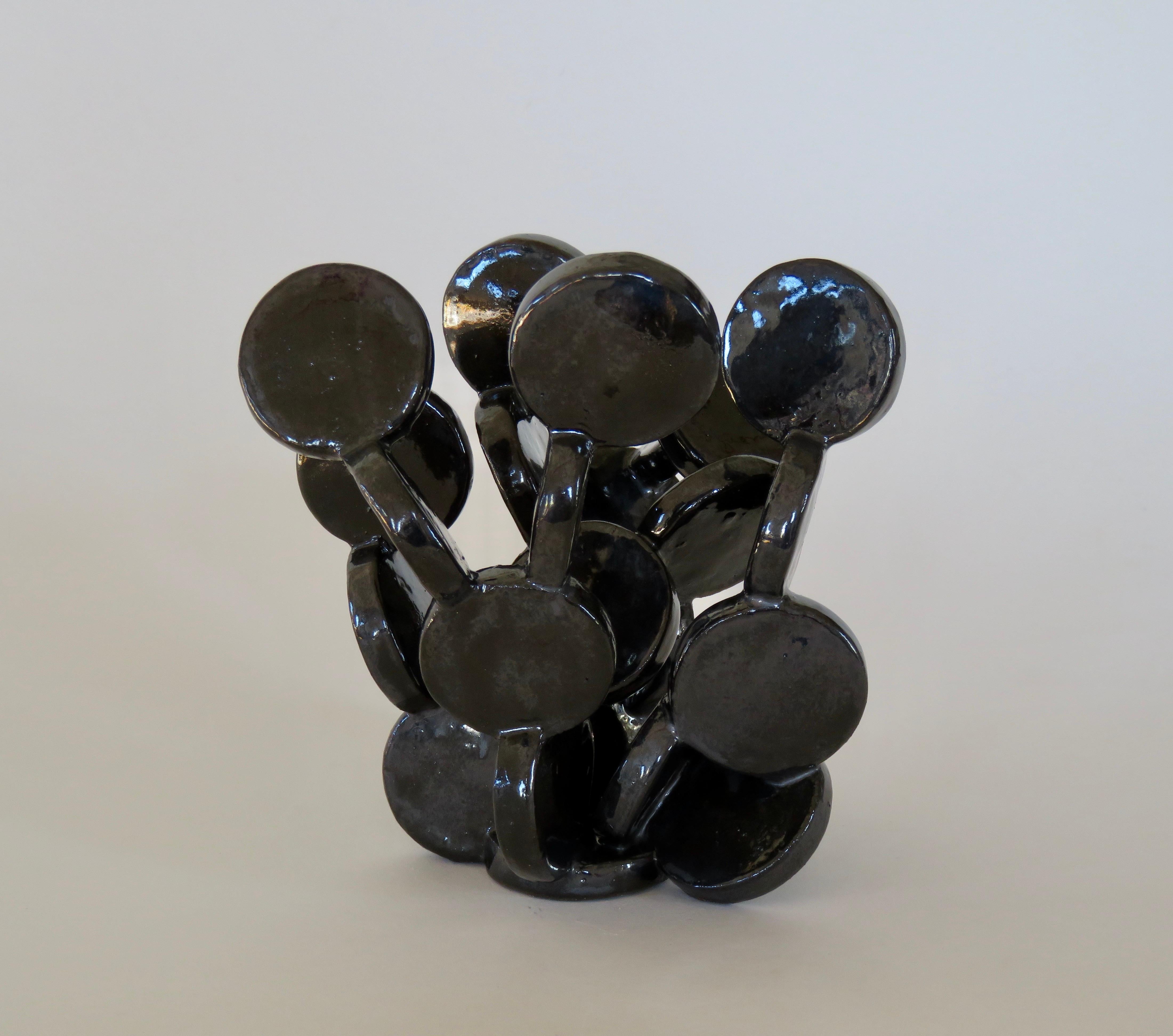 Contemporary Shiny Black Discs, Handbuilt Abstract Ceramic Sculpture