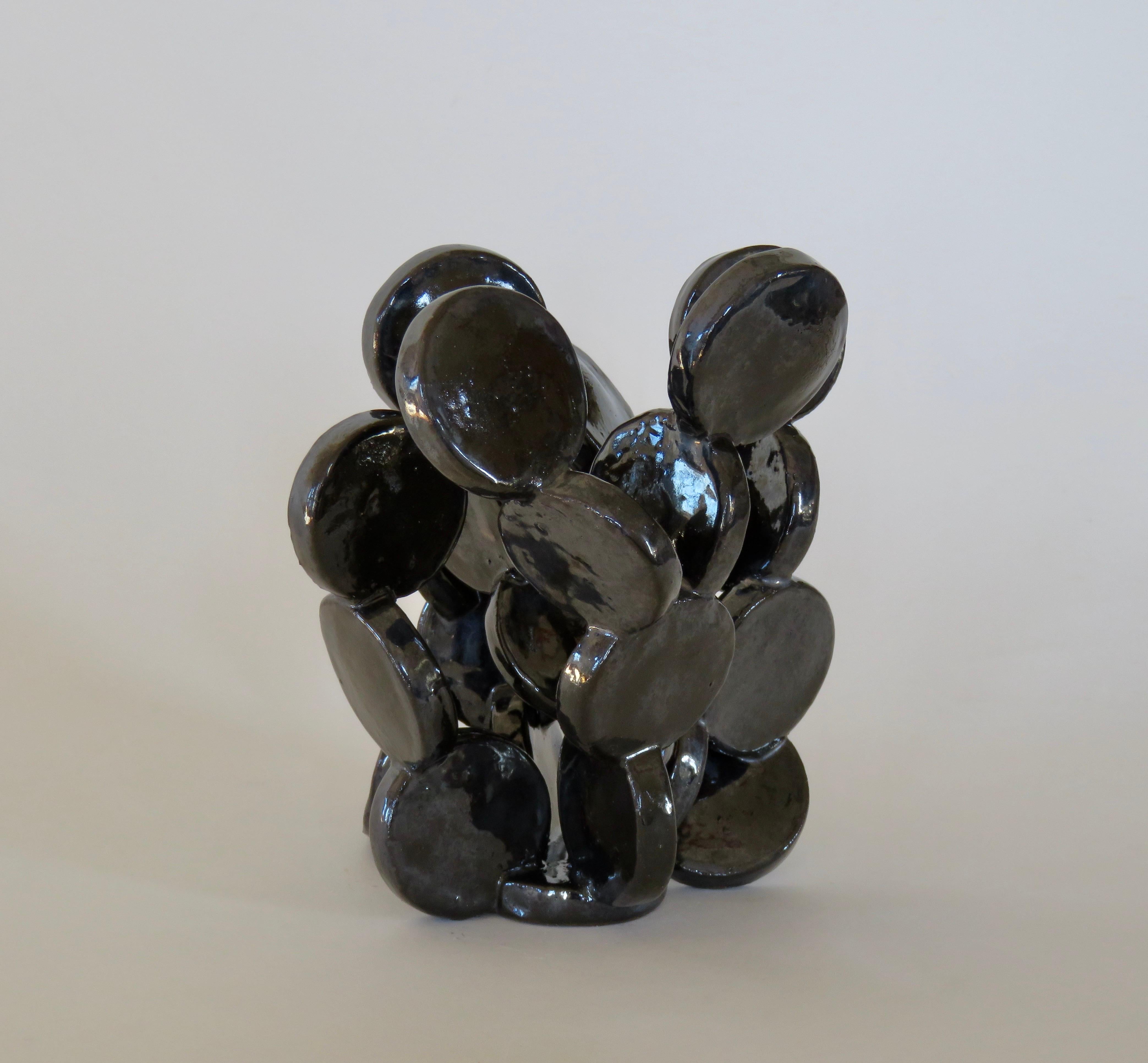 Shiny Black Discs, Handbuilt Abstract Ceramic Sculpture 1