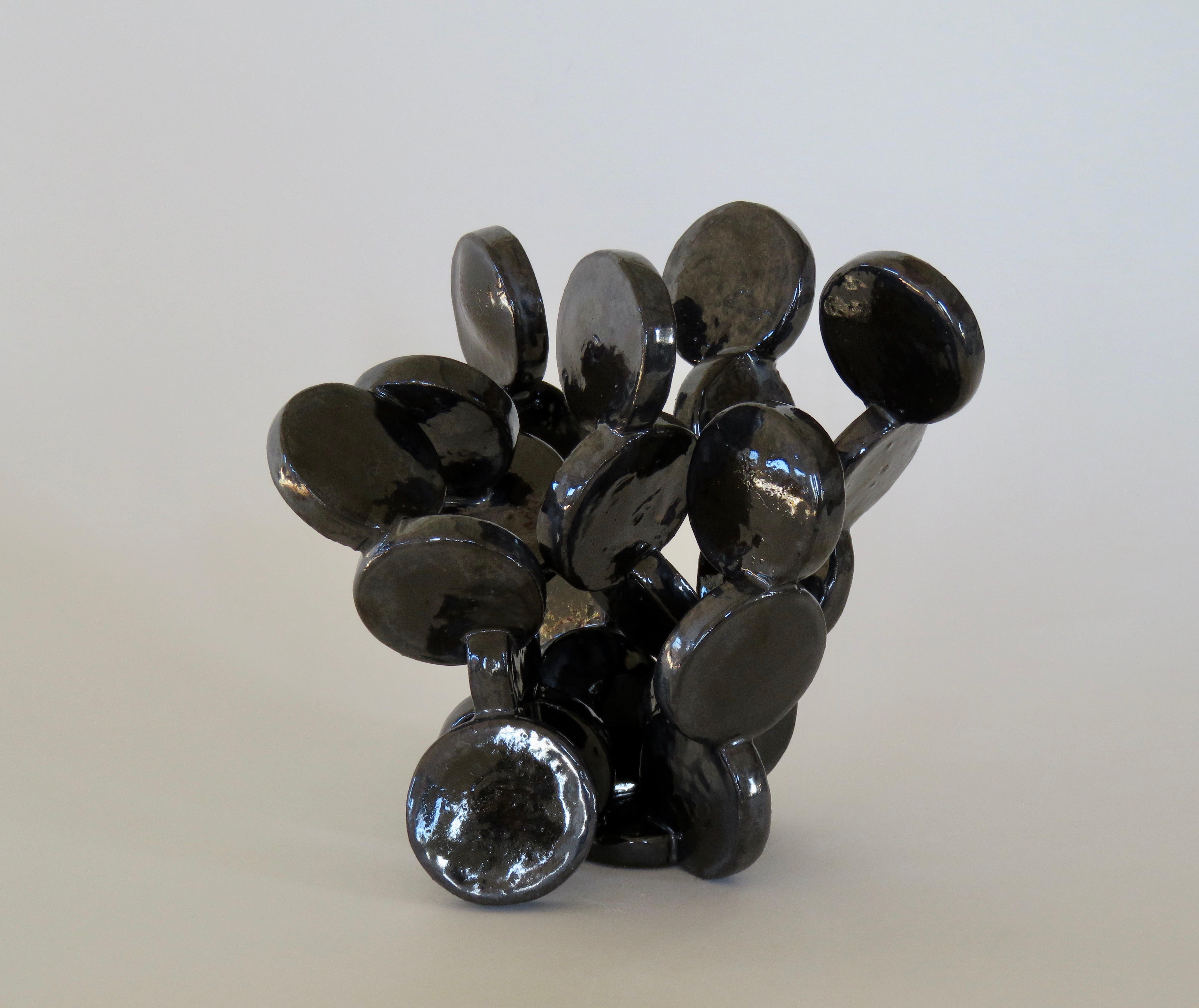 Shiny Black Discs, Handbuilt Abstract Ceramic Sculpture 2