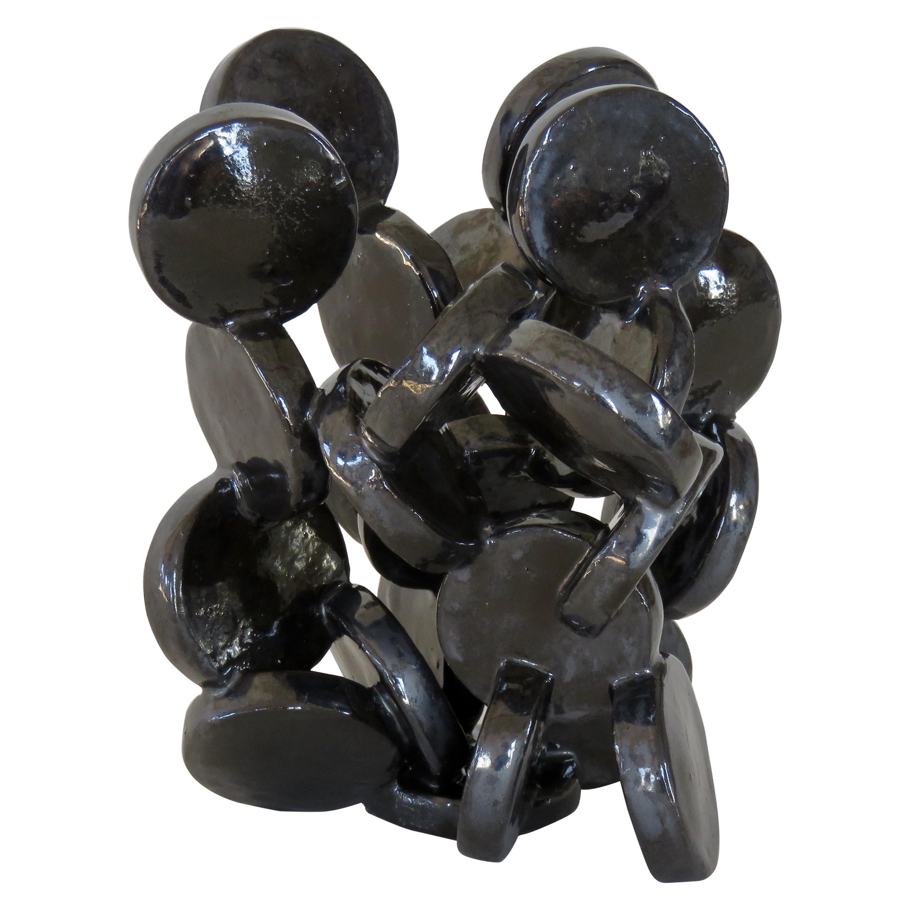 Shiny Black Discs, Handbuilt Abstract Ceramic Sculpture